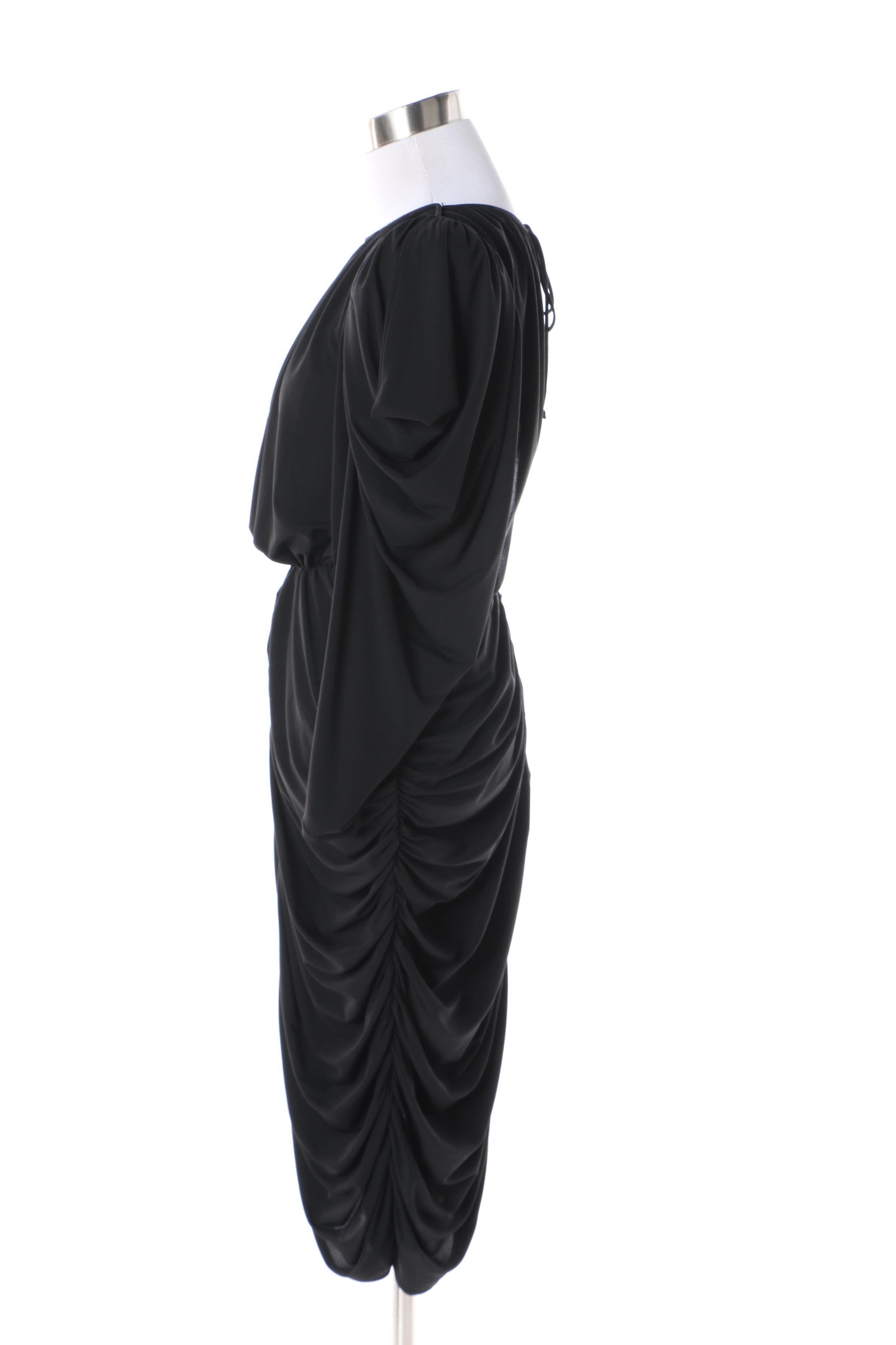 Circa 1970s Miss Magnin at I. Magnin Semi-Sheer Black Ruched Evening Dress