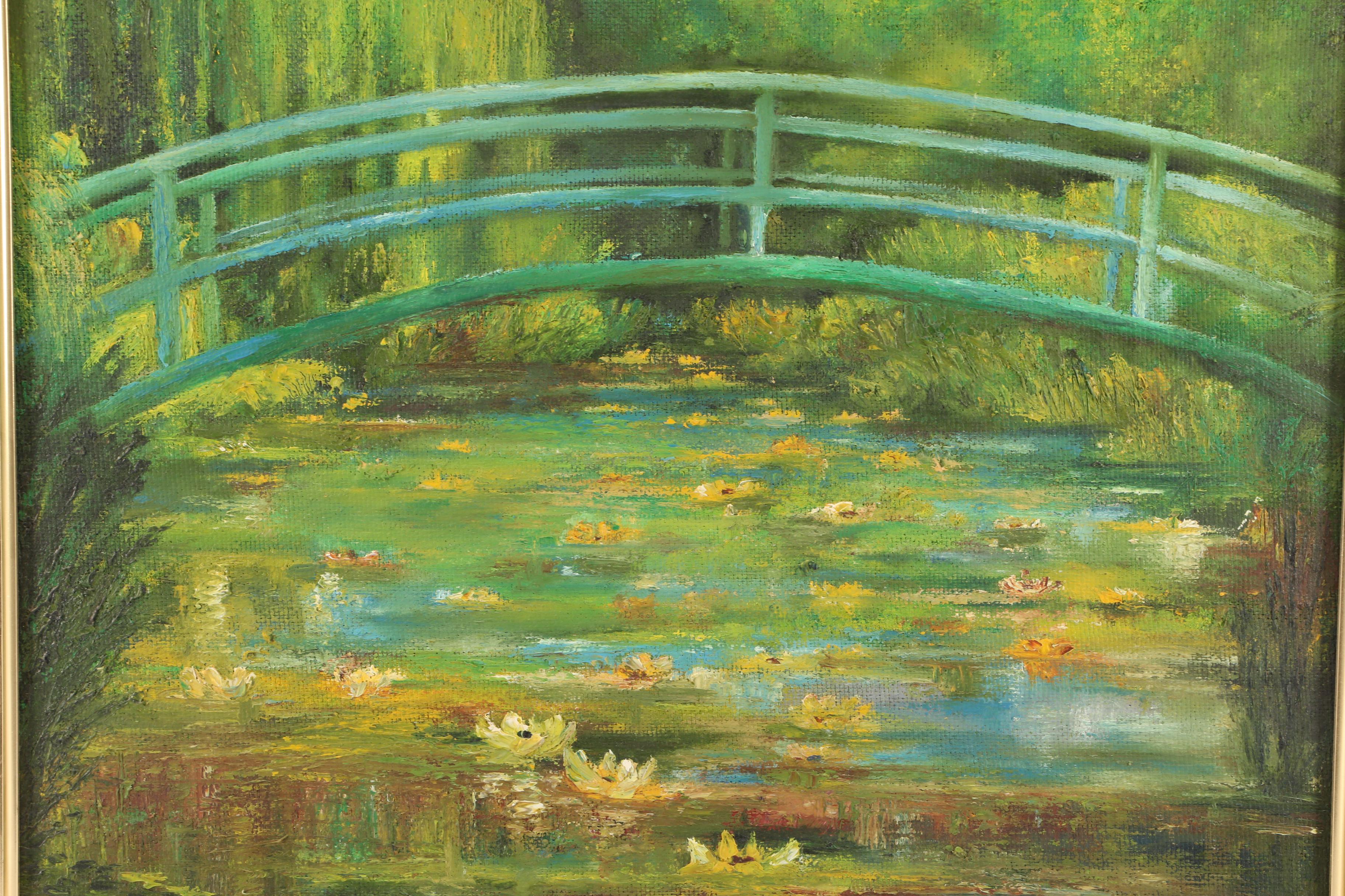 Oil Painting of Bridge over Pond with Water Lilies
