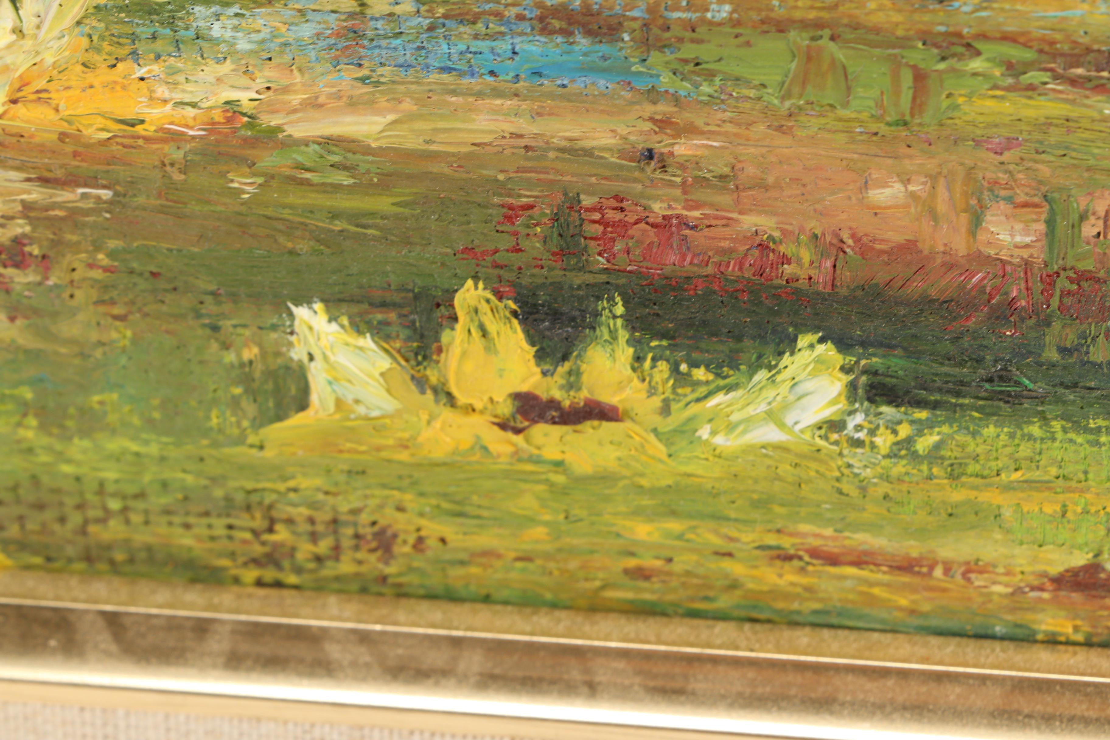 Oil Painting of Bridge over Pond with Water Lilies