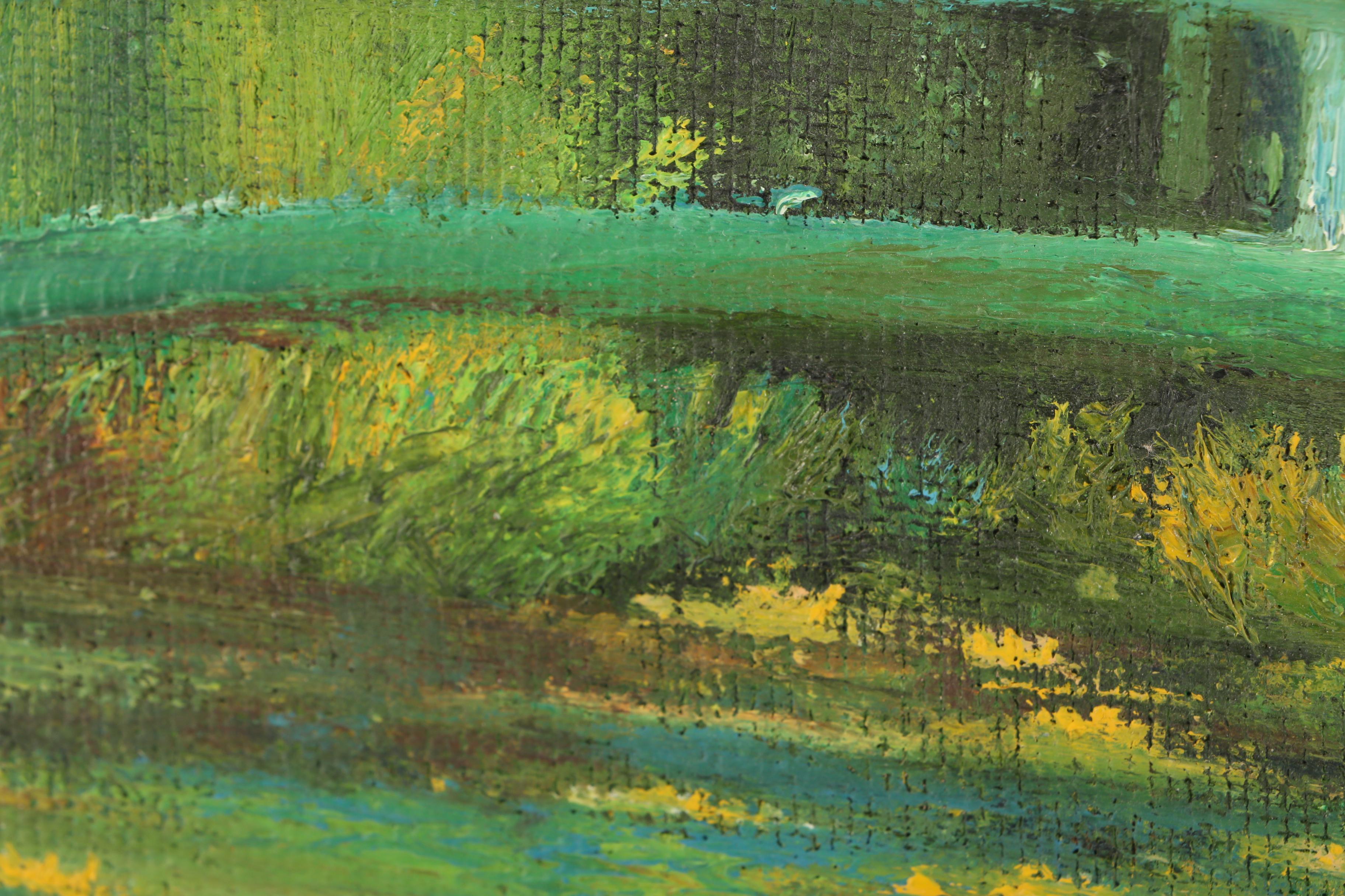 Oil Painting of Bridge over Pond with Water Lilies