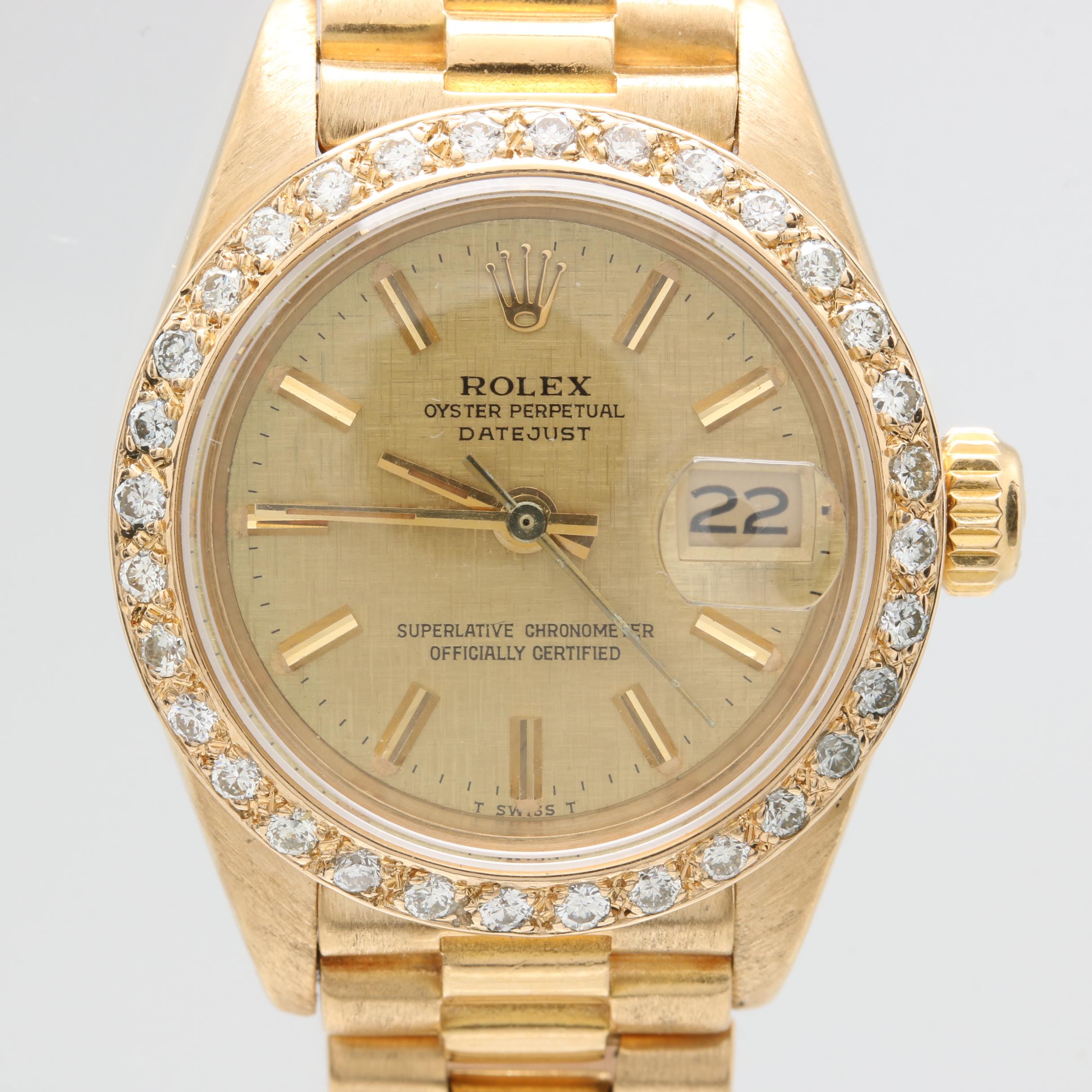 1981 Rolex Oyster Perpetual Datejust 18K Yellow Gold Diamond Watch