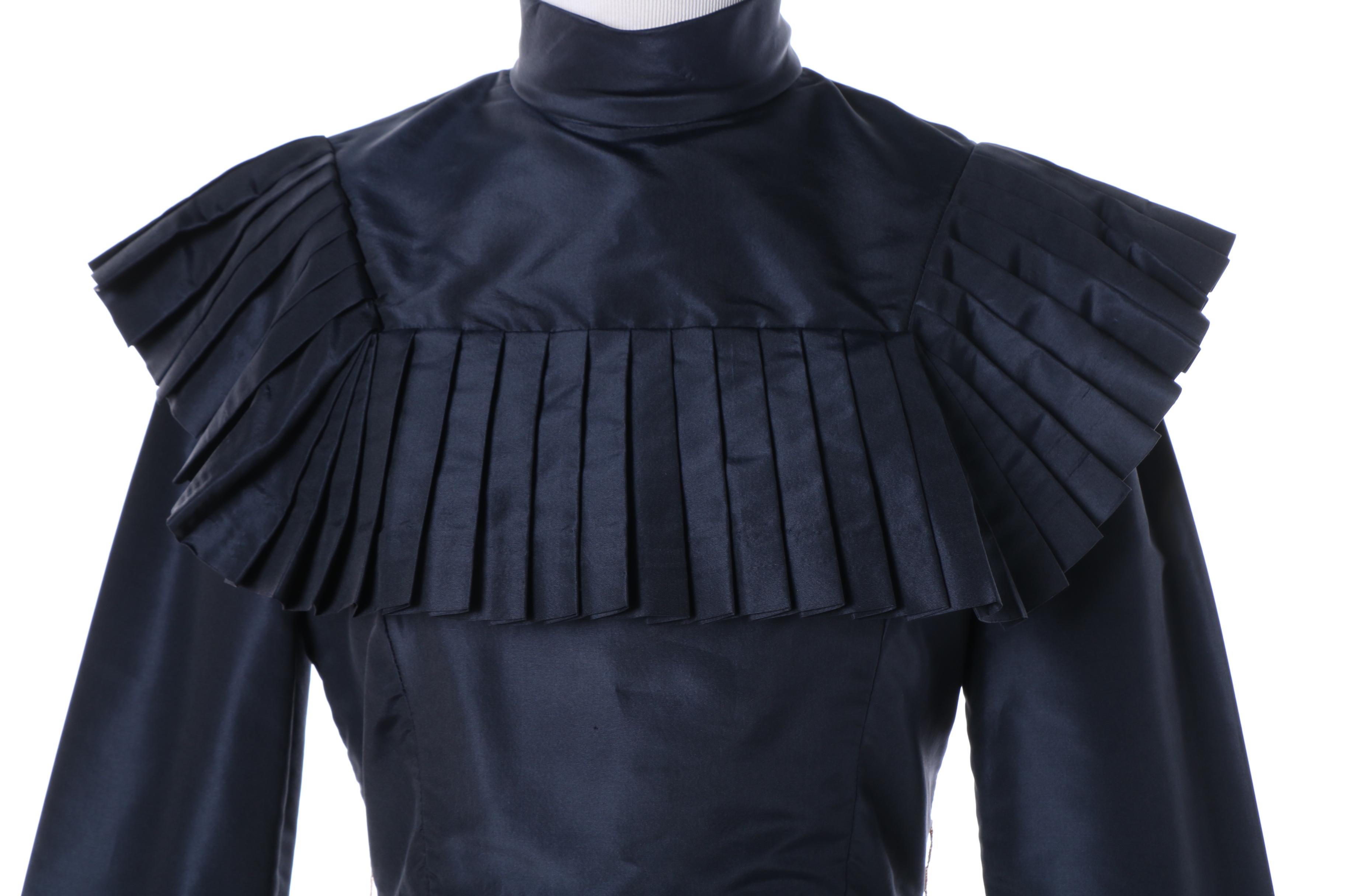 1970s Joan Leslie by Kasper Navy Blue Silk Blend Ruffle Bib Dress