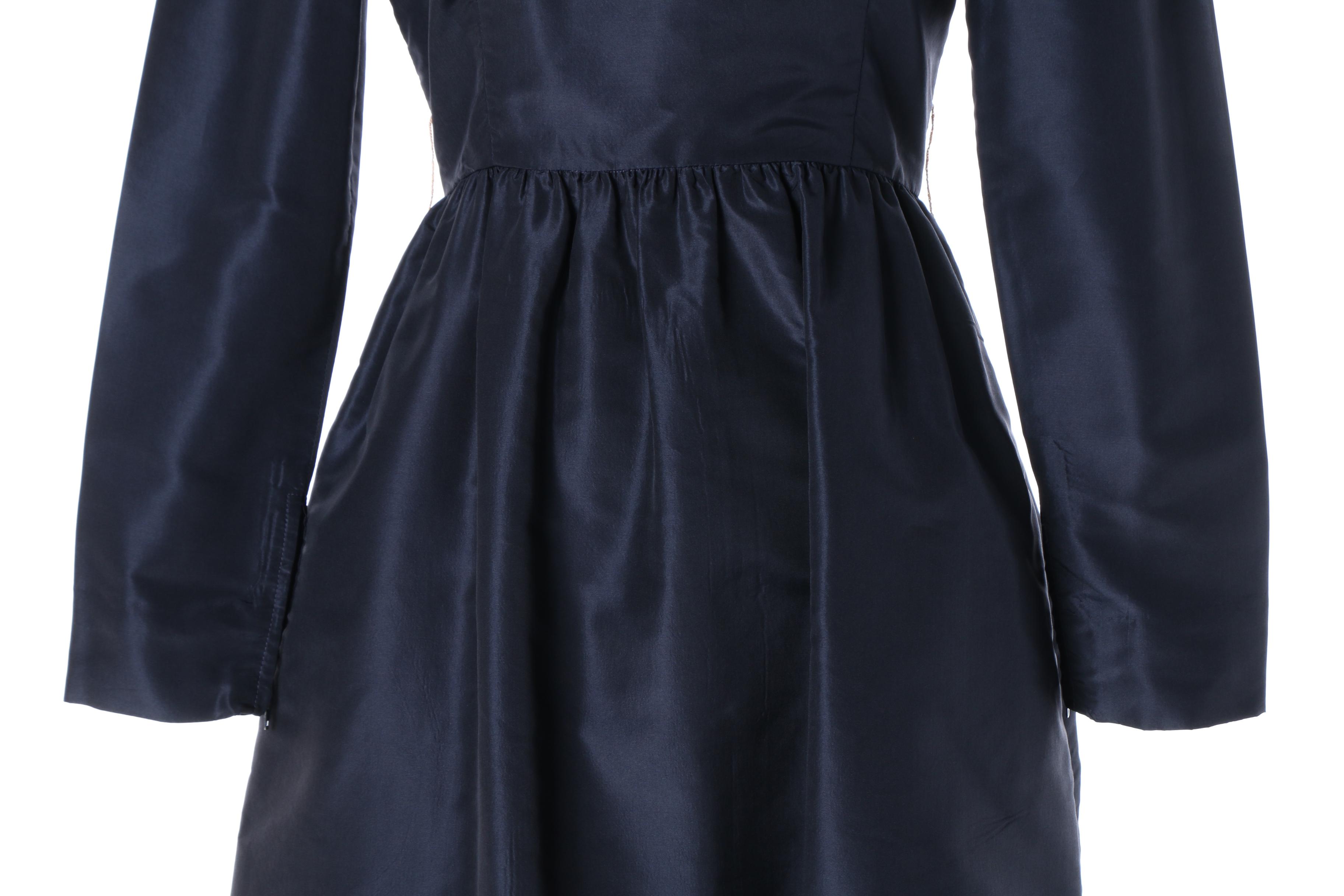1970s Joan Leslie by Kasper Navy Blue Silk Blend Ruffle Bib Dress