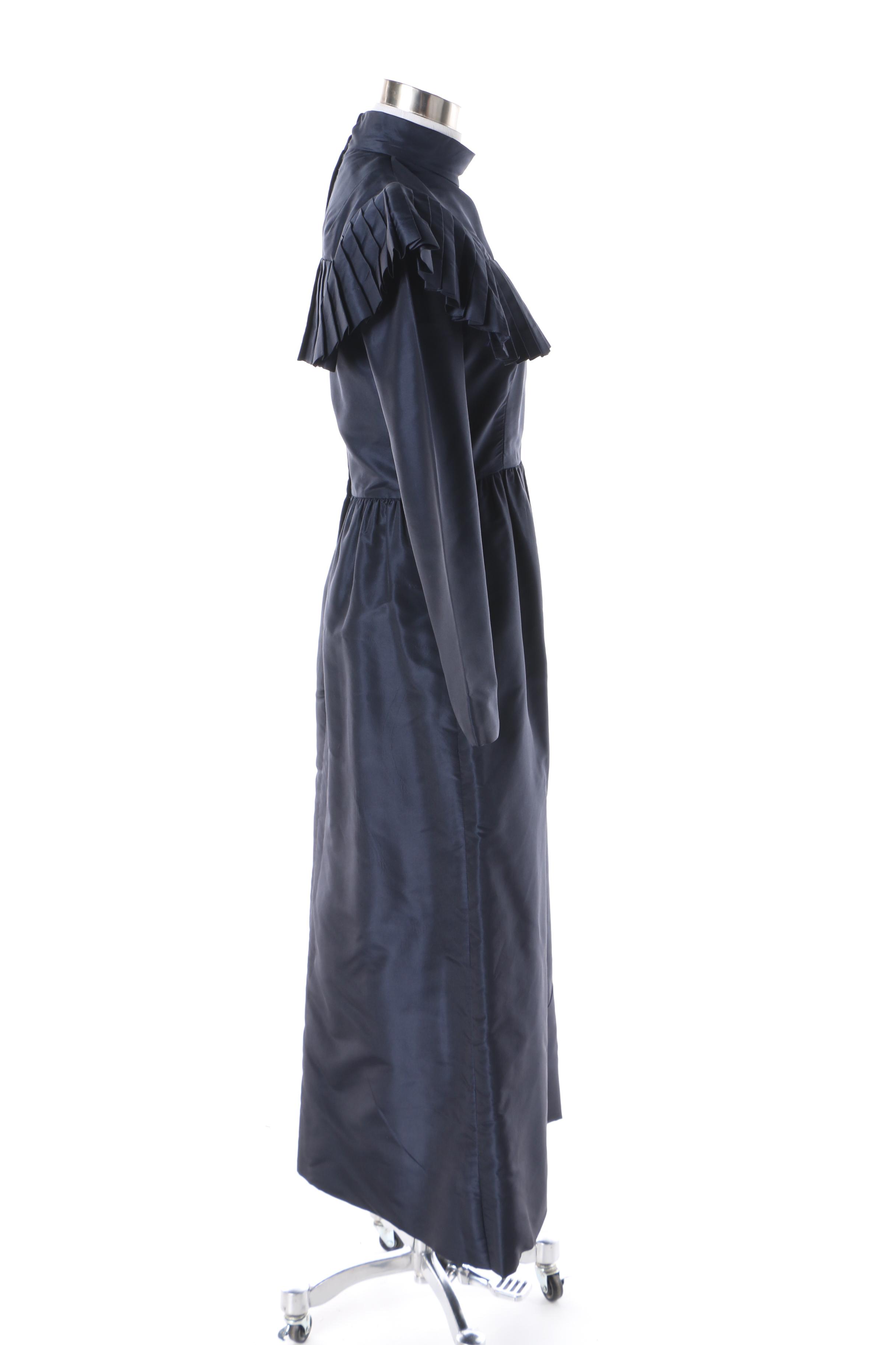 1970s Joan Leslie by Kasper Navy Blue Silk Blend Ruffle Bib Dress