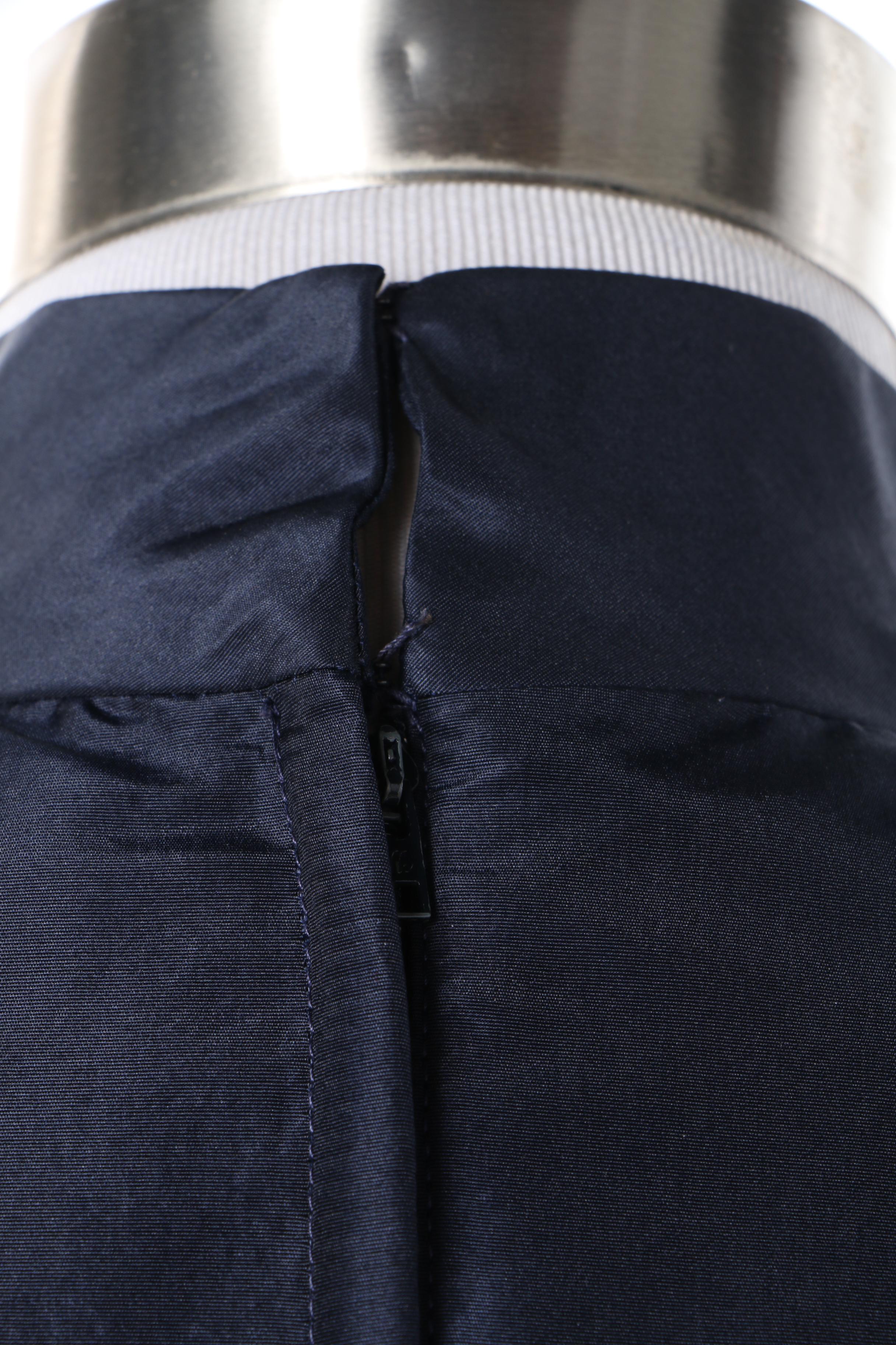 1970s Joan Leslie by Kasper Navy Blue Silk Blend Ruffle Bib Dress