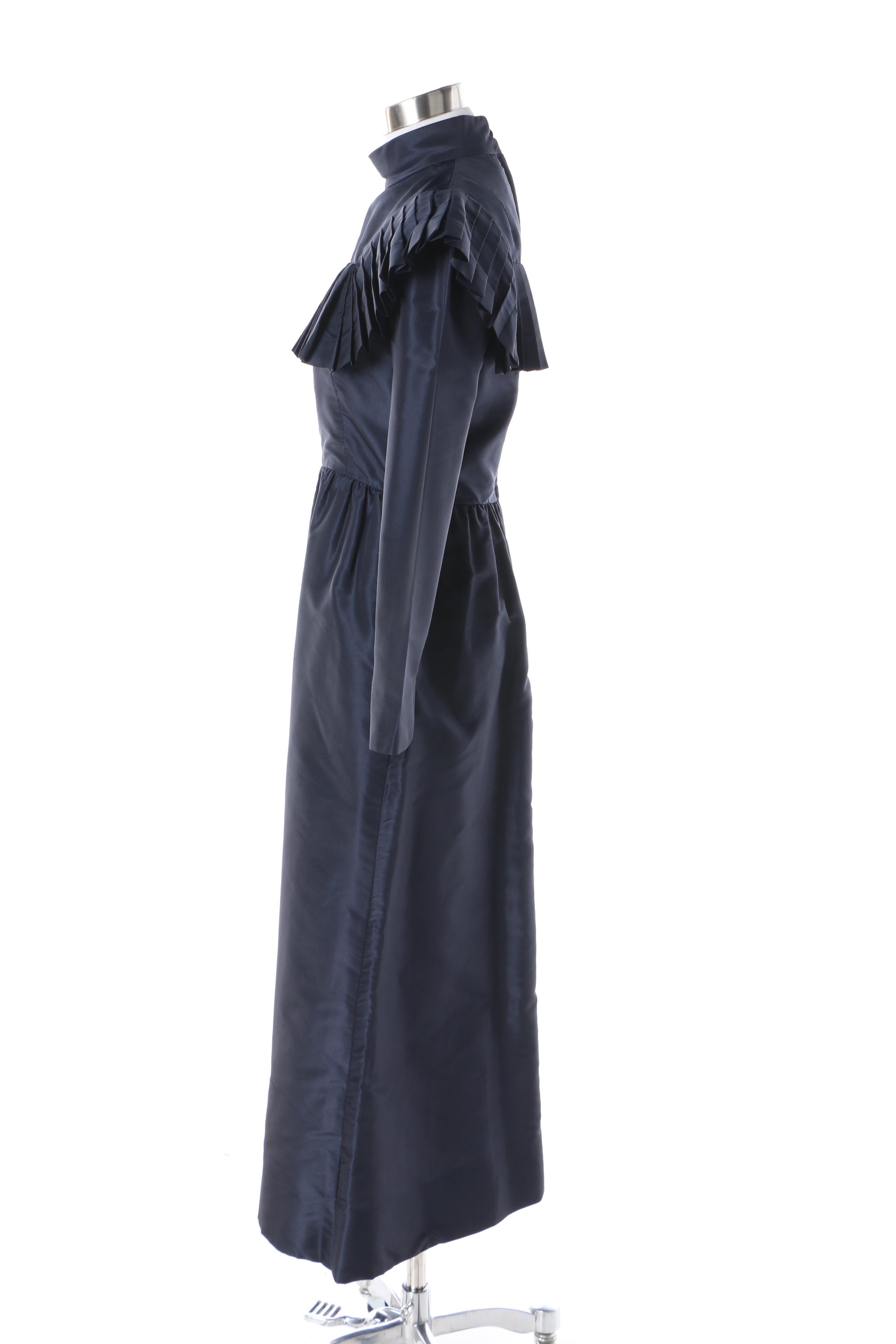 1970s Joan Leslie by Kasper Navy Blue Silk Blend Ruffle Bib Dress