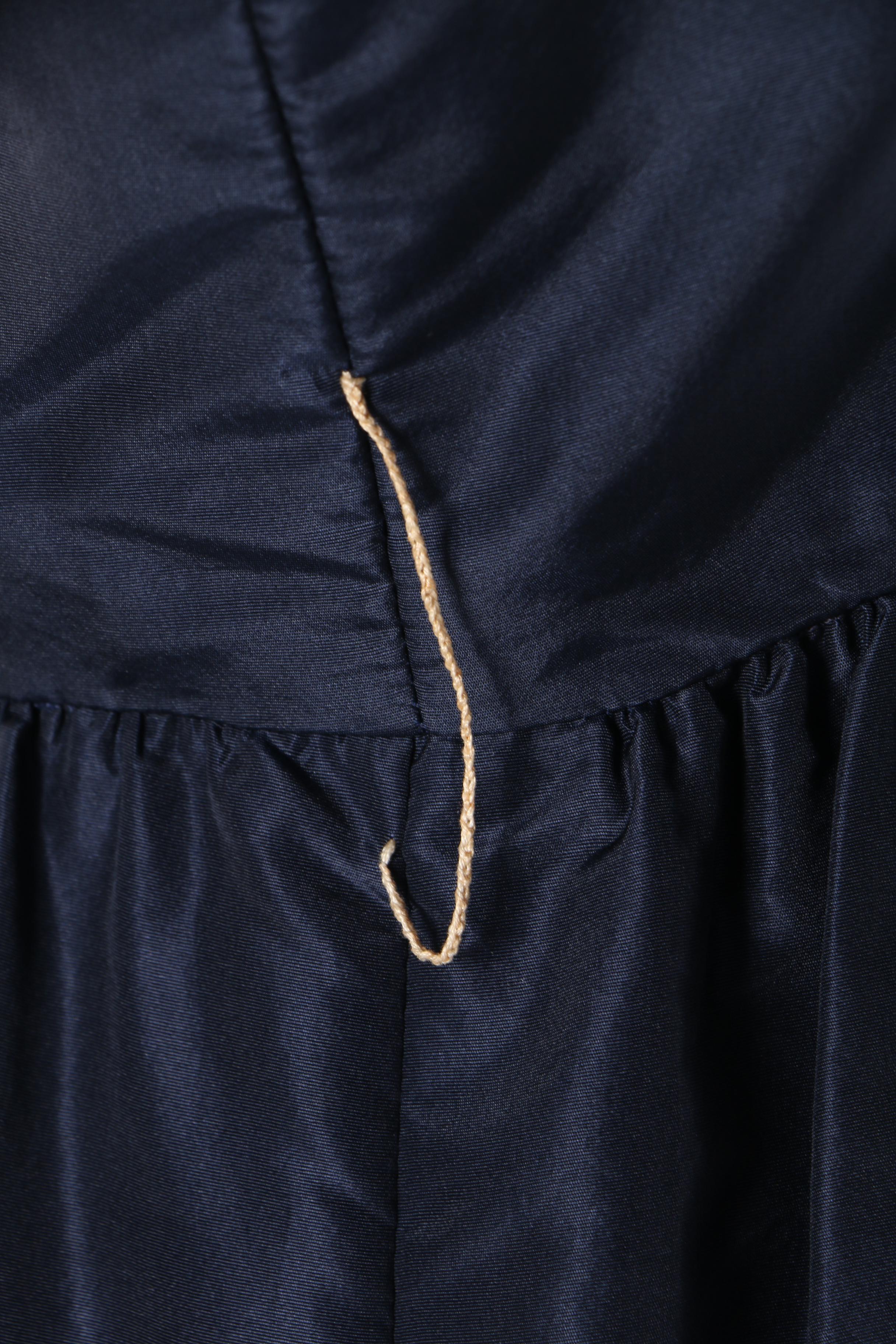 1970s Joan Leslie by Kasper Navy Blue Silk Blend Ruffle Bib Dress