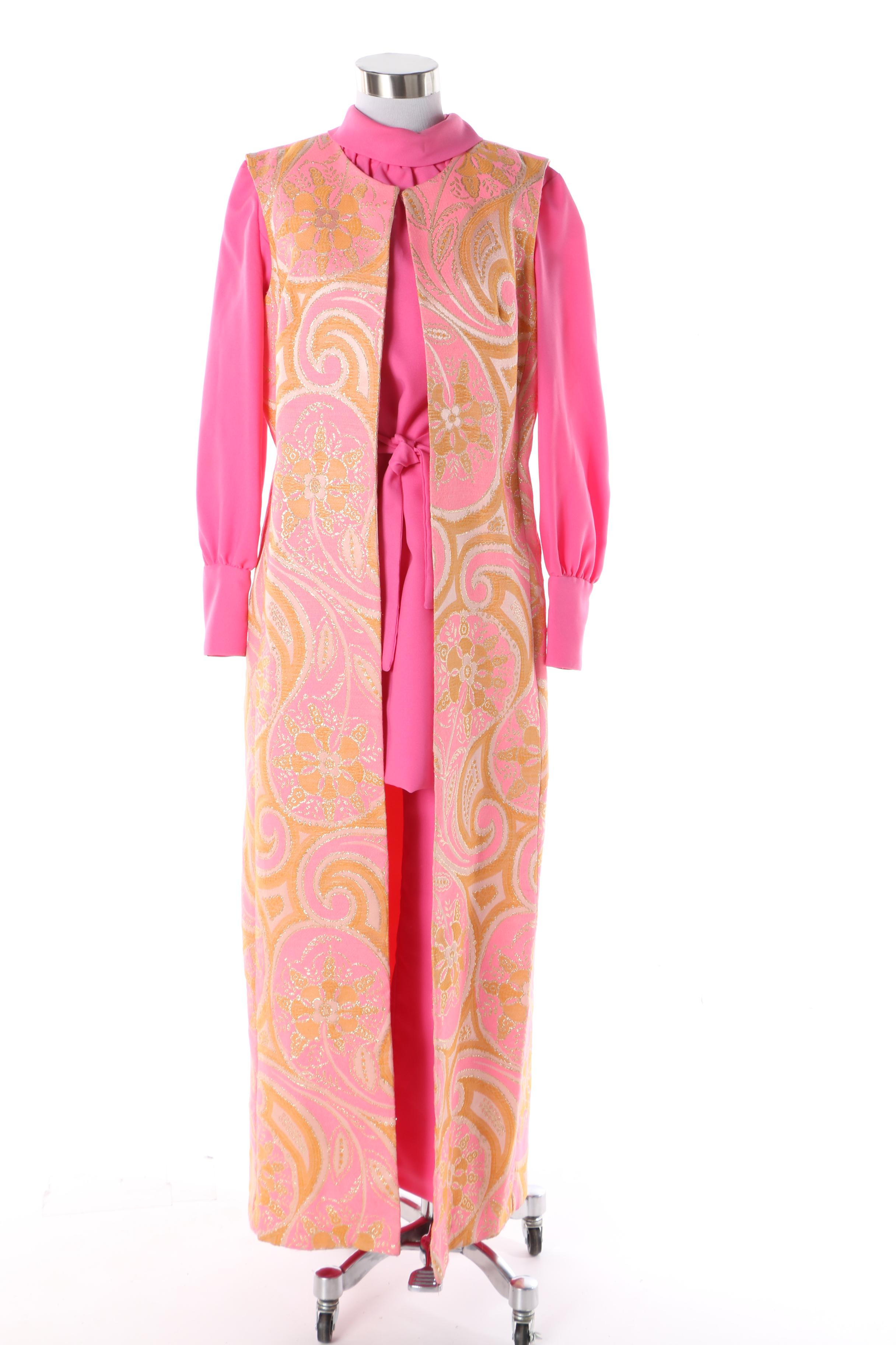 Circa 1960s Coco California Pink Tunic and Pants Evening Ensemble with Duster