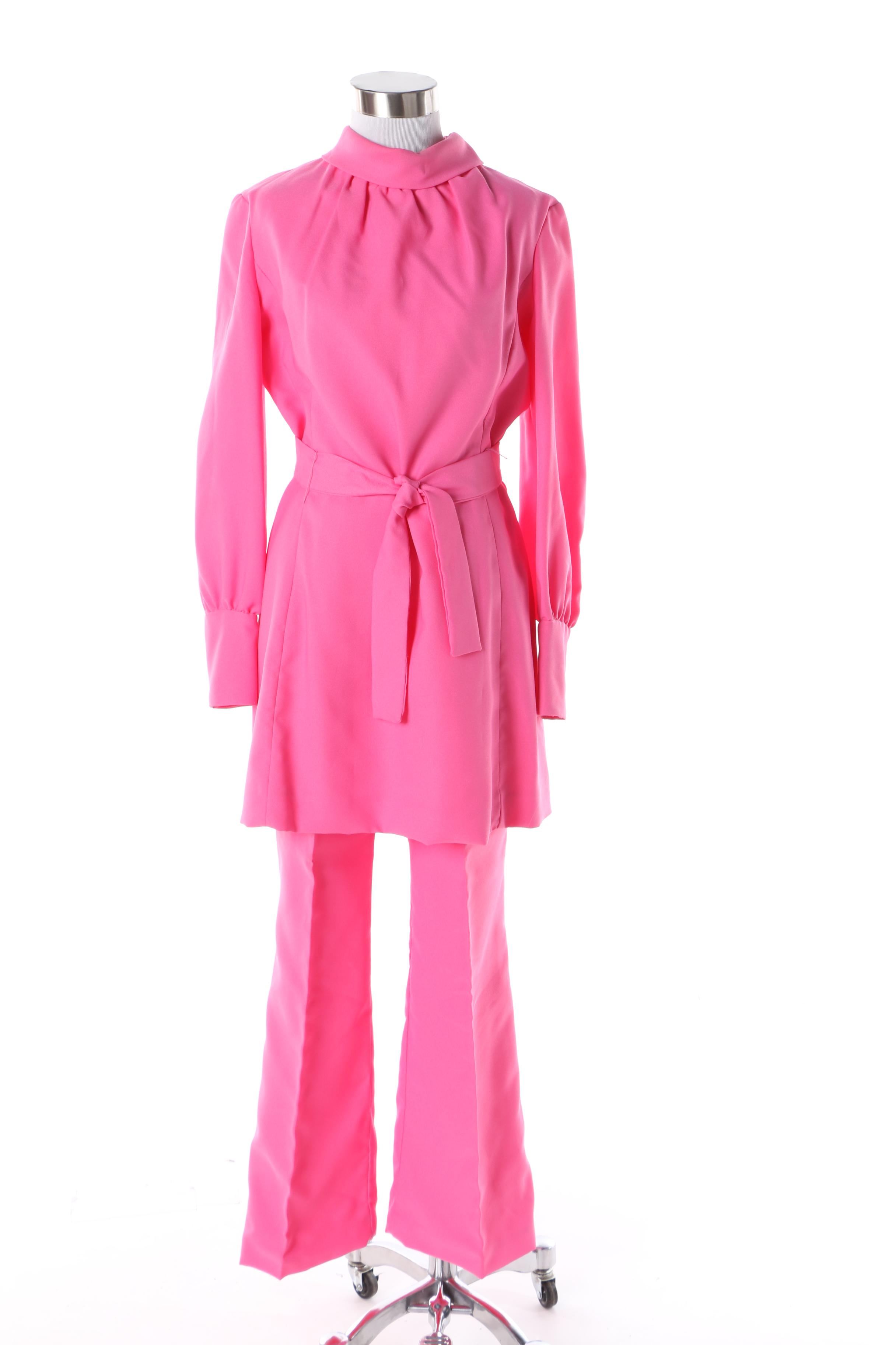 Circa 1960s Coco California Pink Tunic and Pants Evening Ensemble with Duster