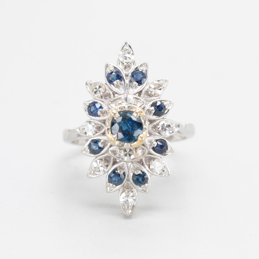 14K White Gold Blue Sapphire and Diamond Ring