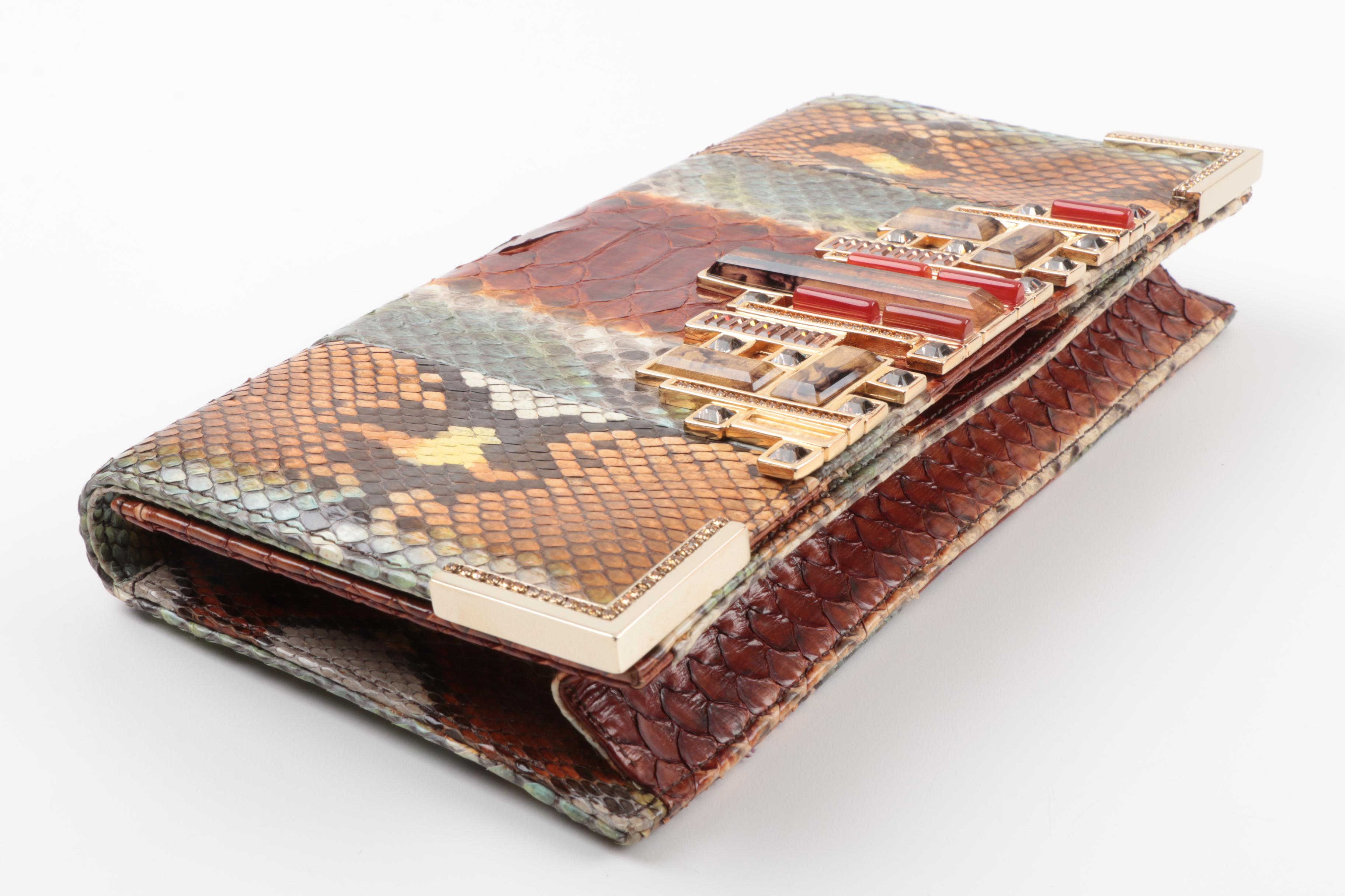 Judith Leiber New York Embellished Ombré Python Skin Clutch Purse