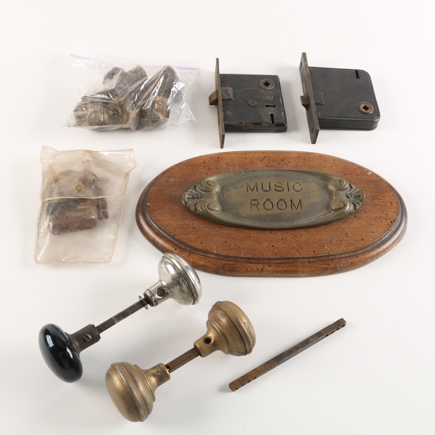 Vintage Door Knobs, Locks and Other Hardware with Music Room Plaque