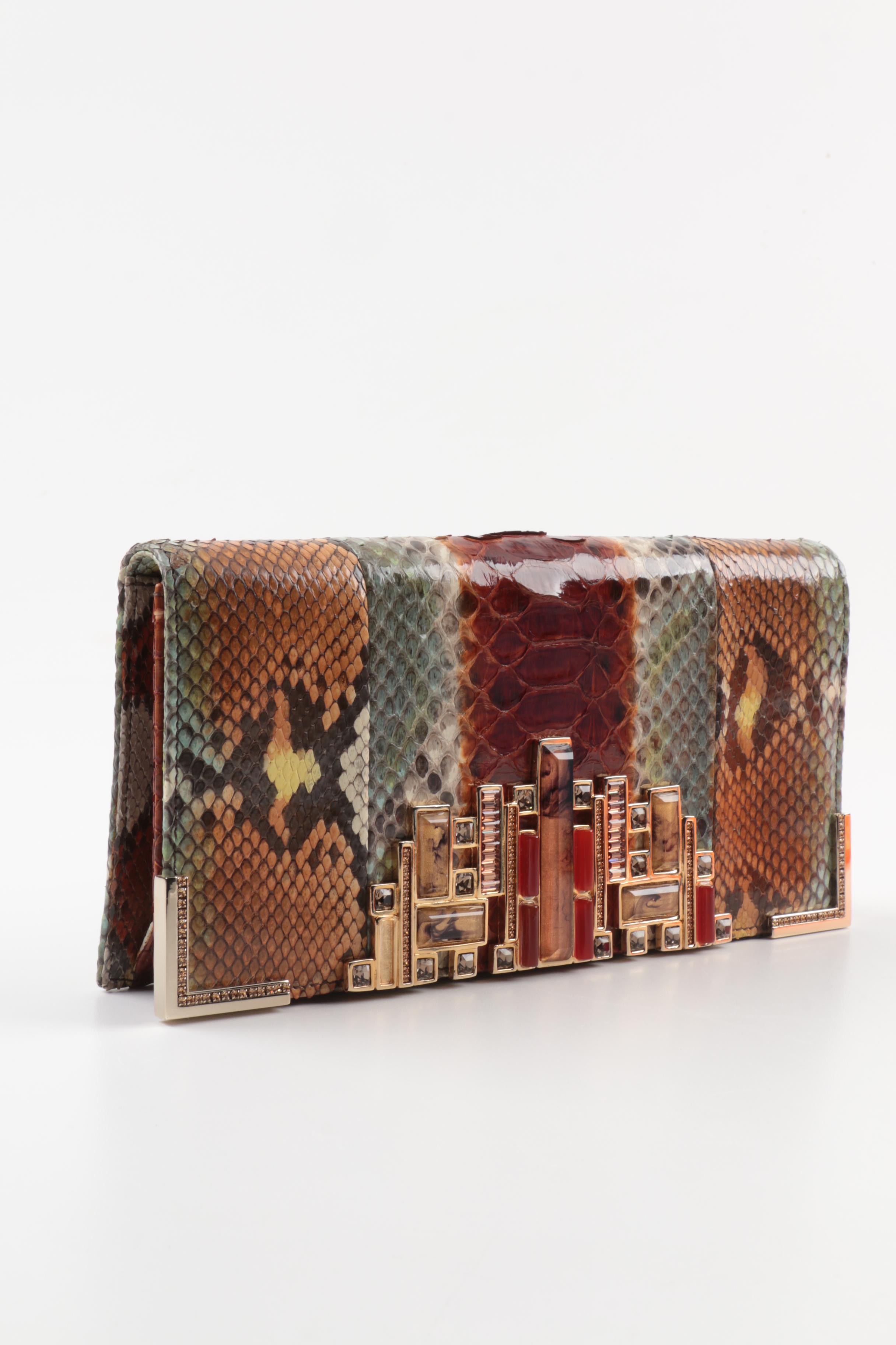 Judith Leiber New York Embellished Ombré Python Skin Clutch Purse