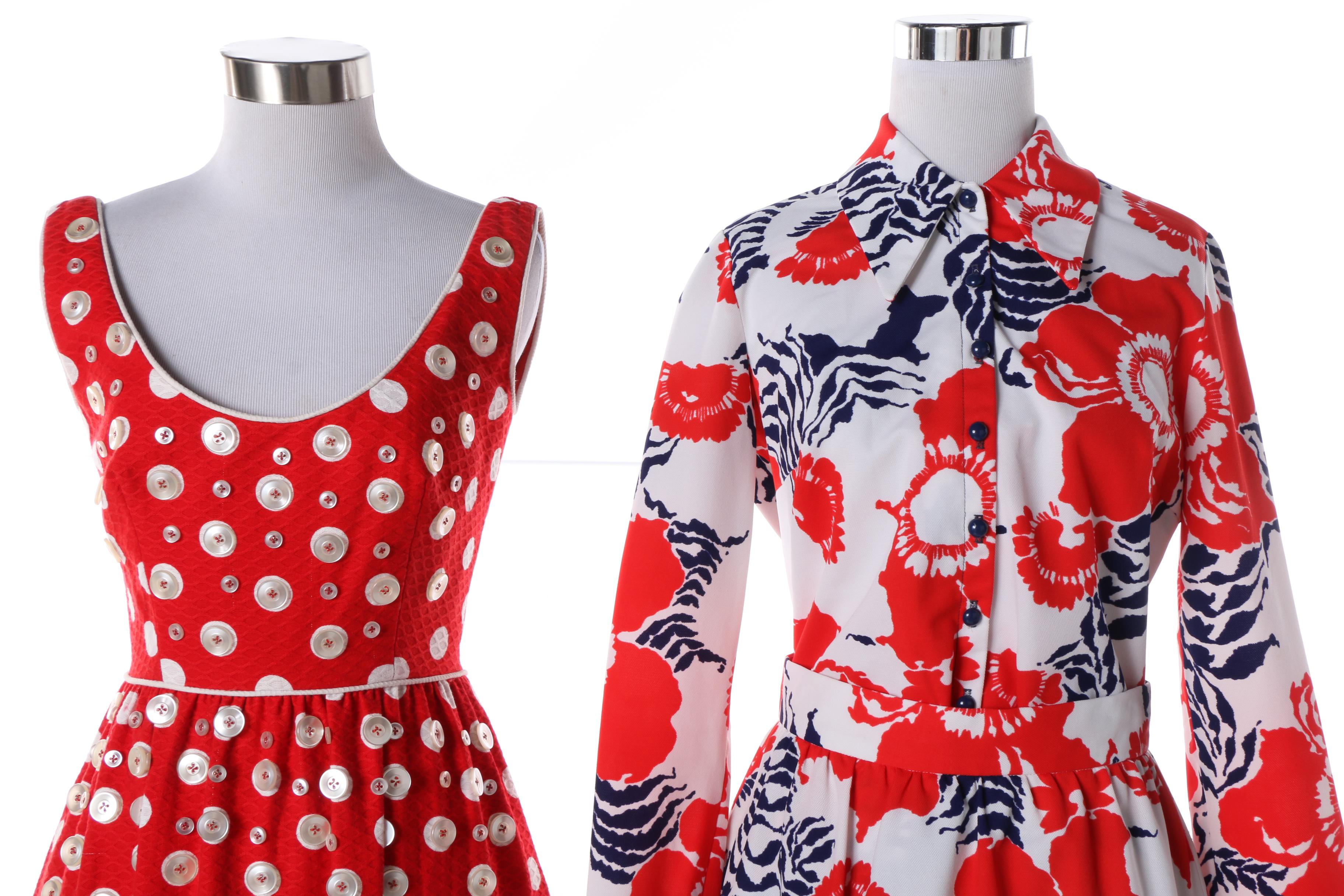 1960s Maxi Polka Dot Button Dress and Floral Leotard with Matching Midi Skirt