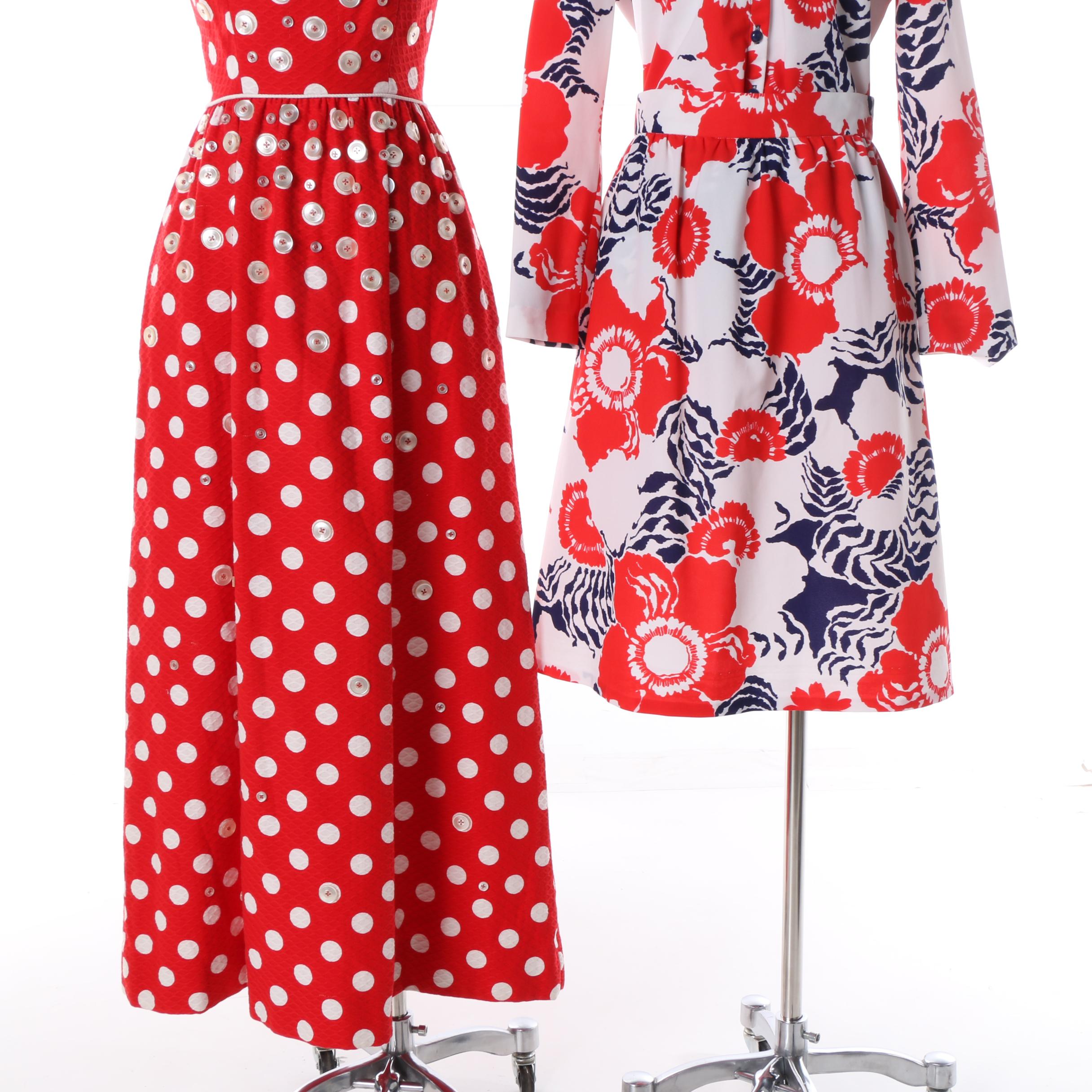1960s Maxi Polka Dot Button Dress and Floral Leotard with Matching Midi Skirt