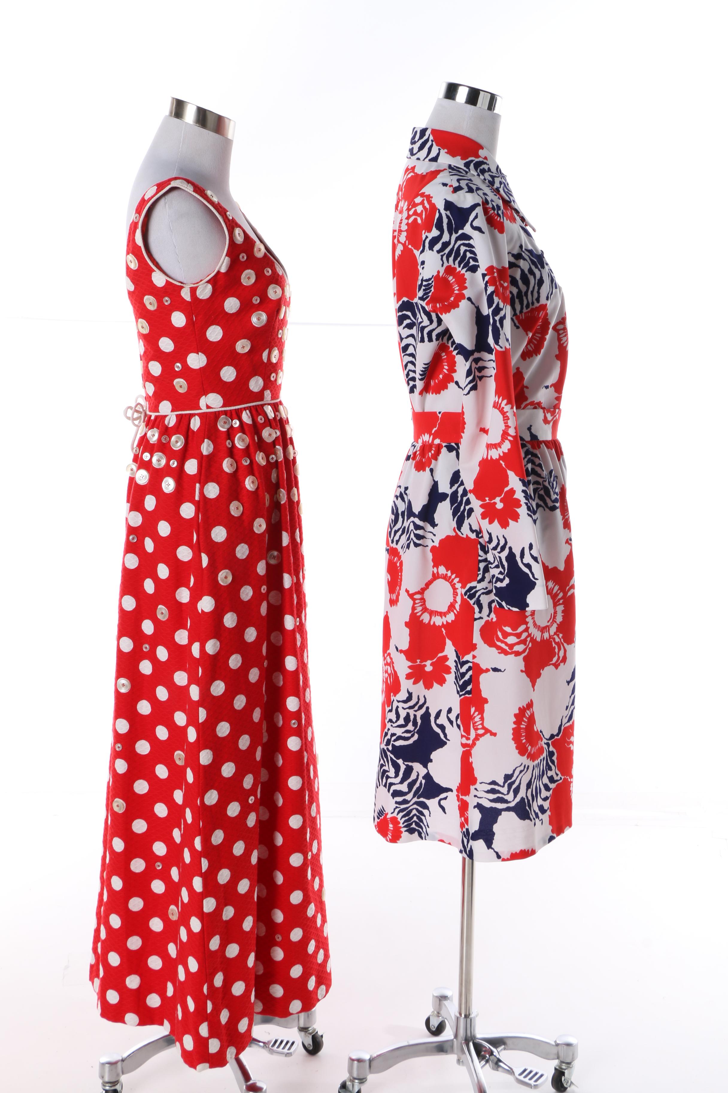 1960s Maxi Polka Dot Button Dress and Floral Leotard with Matching Midi Skirt
