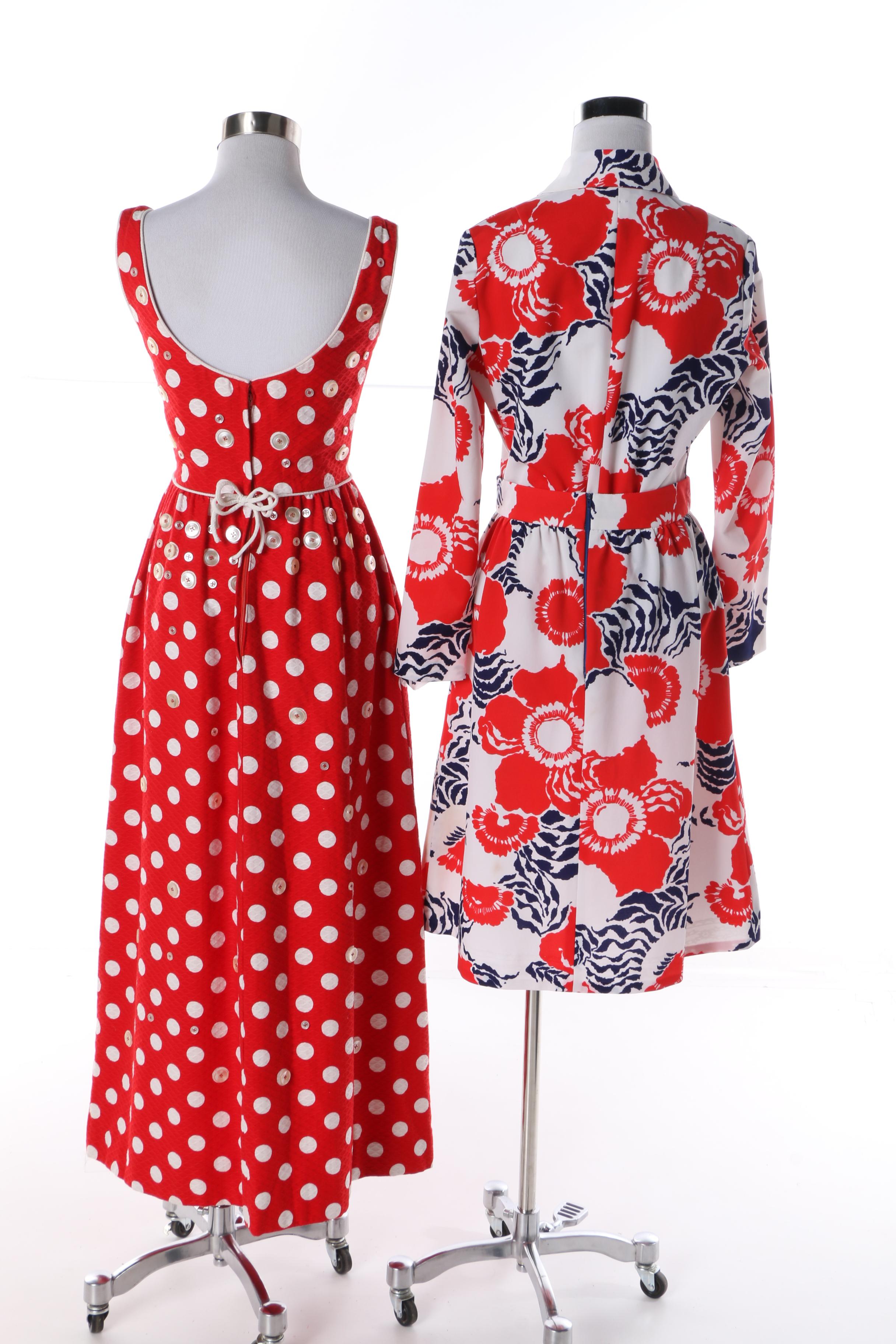 1960s Maxi Polka Dot Button Dress and Floral Leotard with Matching Midi Skirt