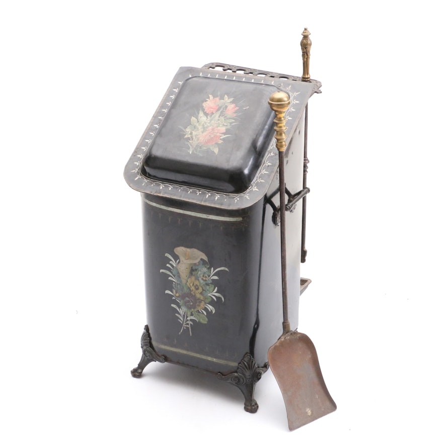 Antique Tole Painted Coal Bin with Fireplace Tools