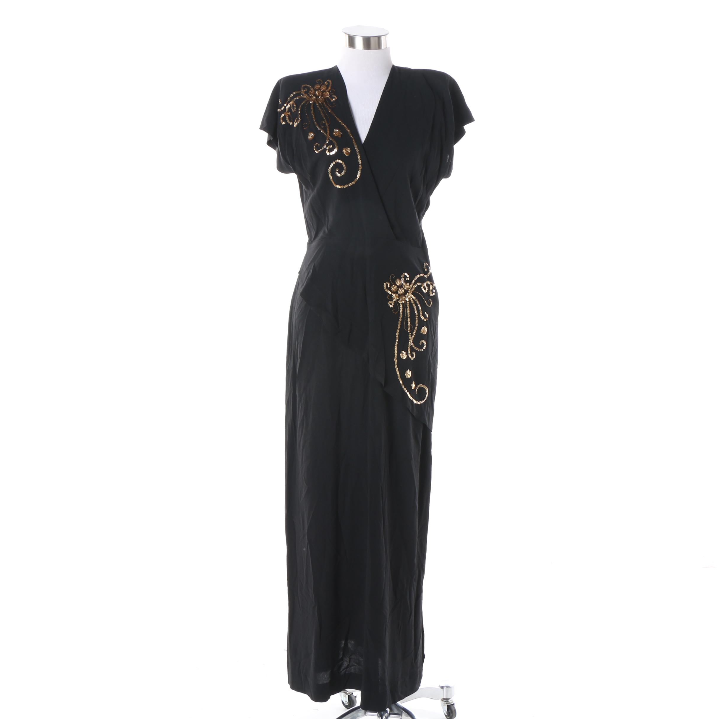 Women's 1940s Vintage Black Bias Cut Evening Dress with Sequin Embellishments