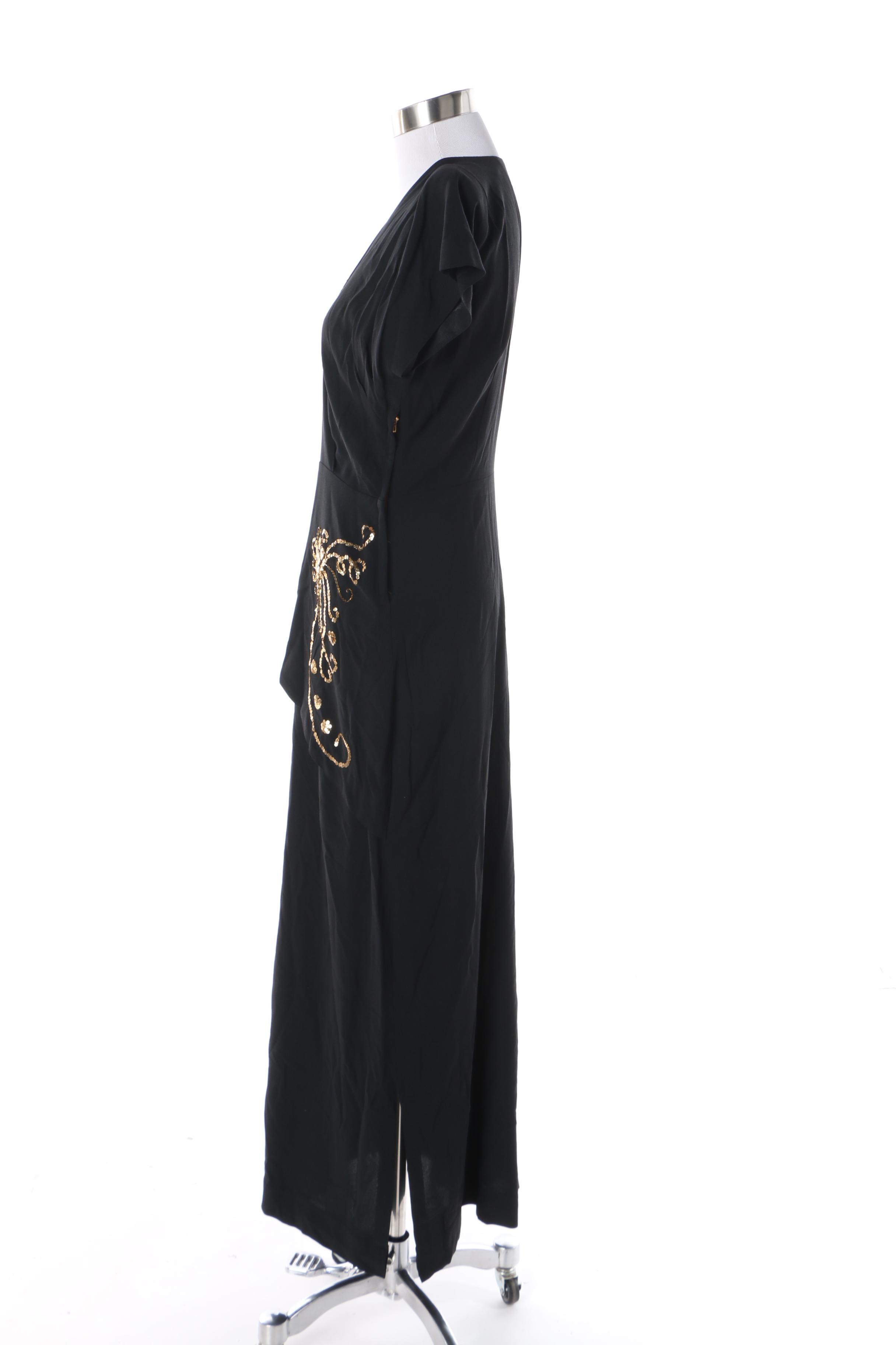 Women's 1940s Vintage Black Bias Cut Evening Dress with Sequin Embellishments