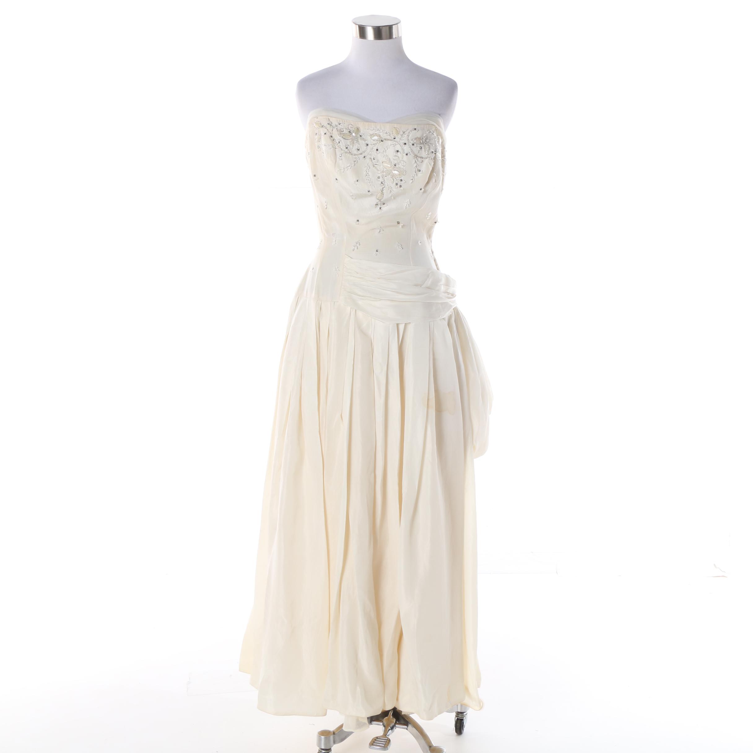 Circa 1950s Vintage Frank Starr White Beaded Ball Gown