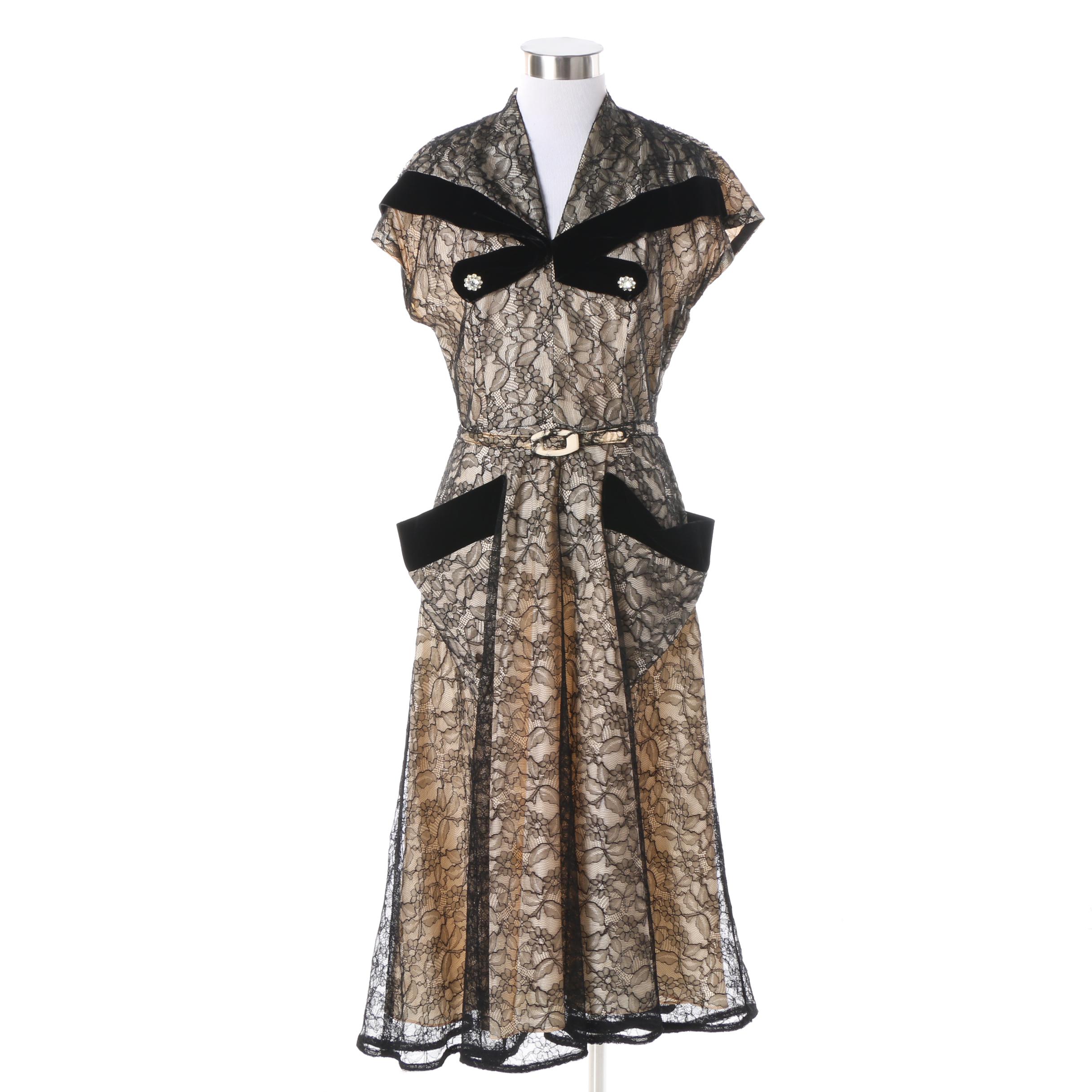 1940s Rendezvous Cream Silk and Black Lace Evening Dress with Velvet Detail