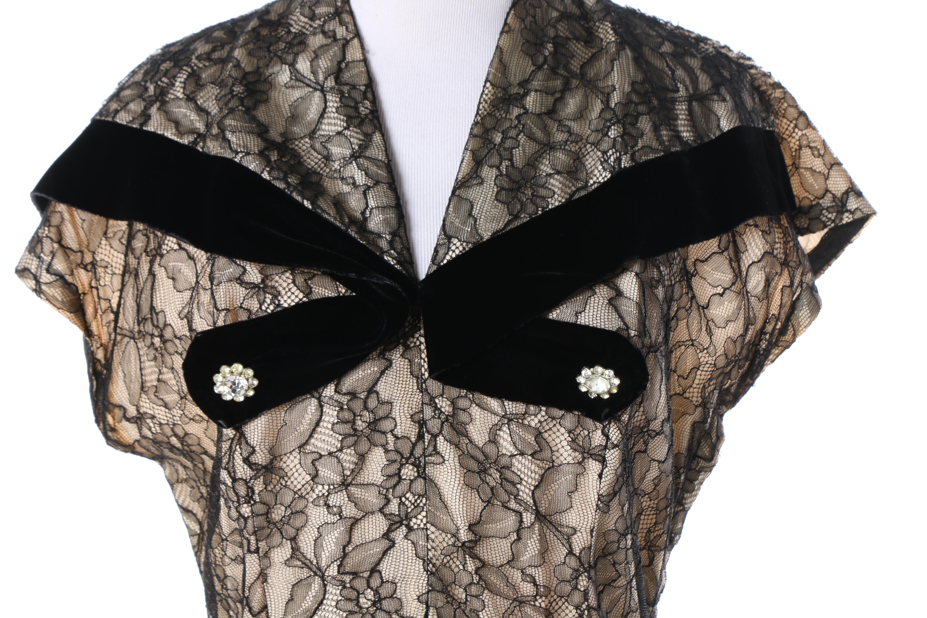 1940s Rendezvous Cream Silk and Black Lace Evening Dress with Velvet Detail