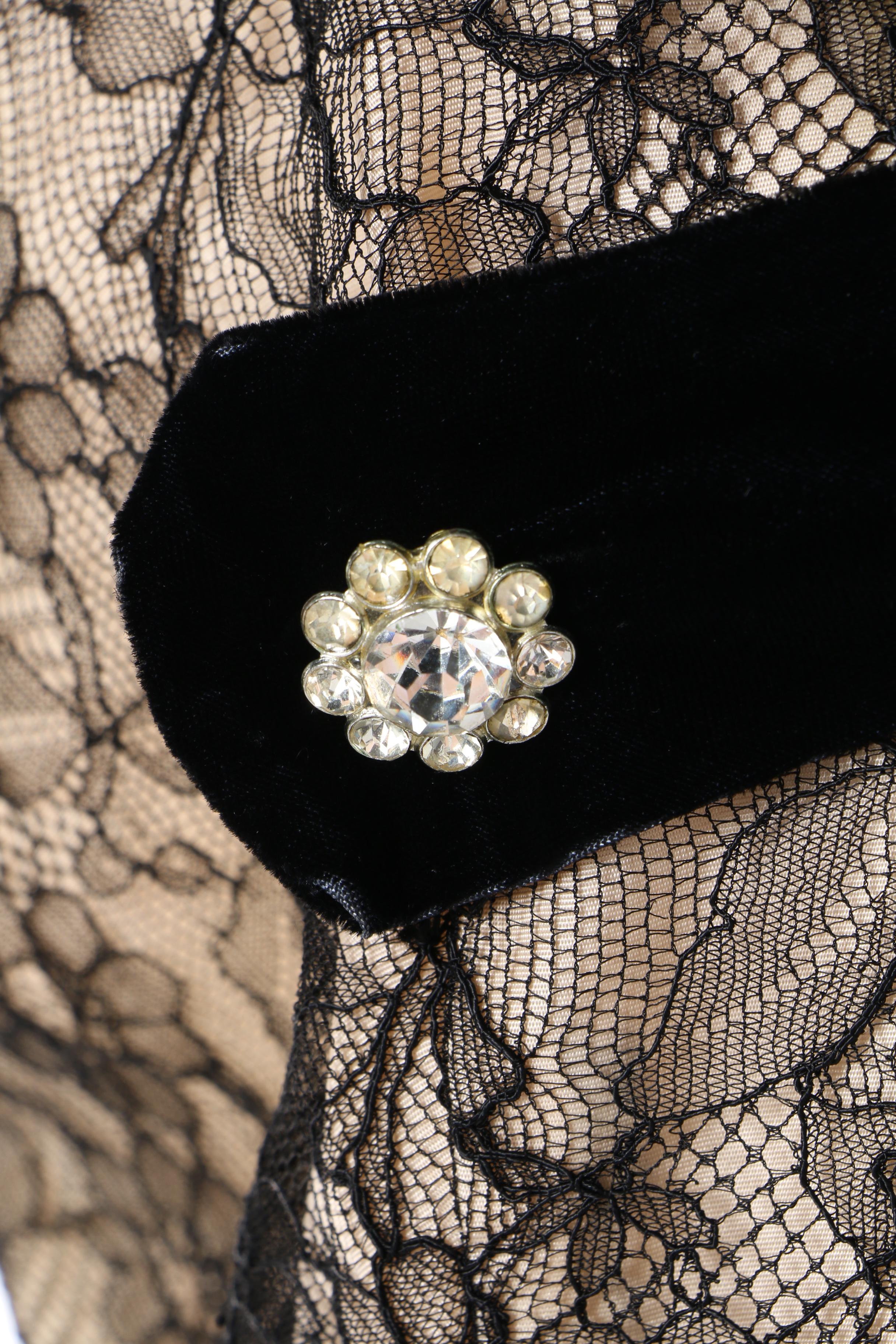 1940s Rendezvous Cream Silk and Black Lace Evening Dress with Velvet Detail