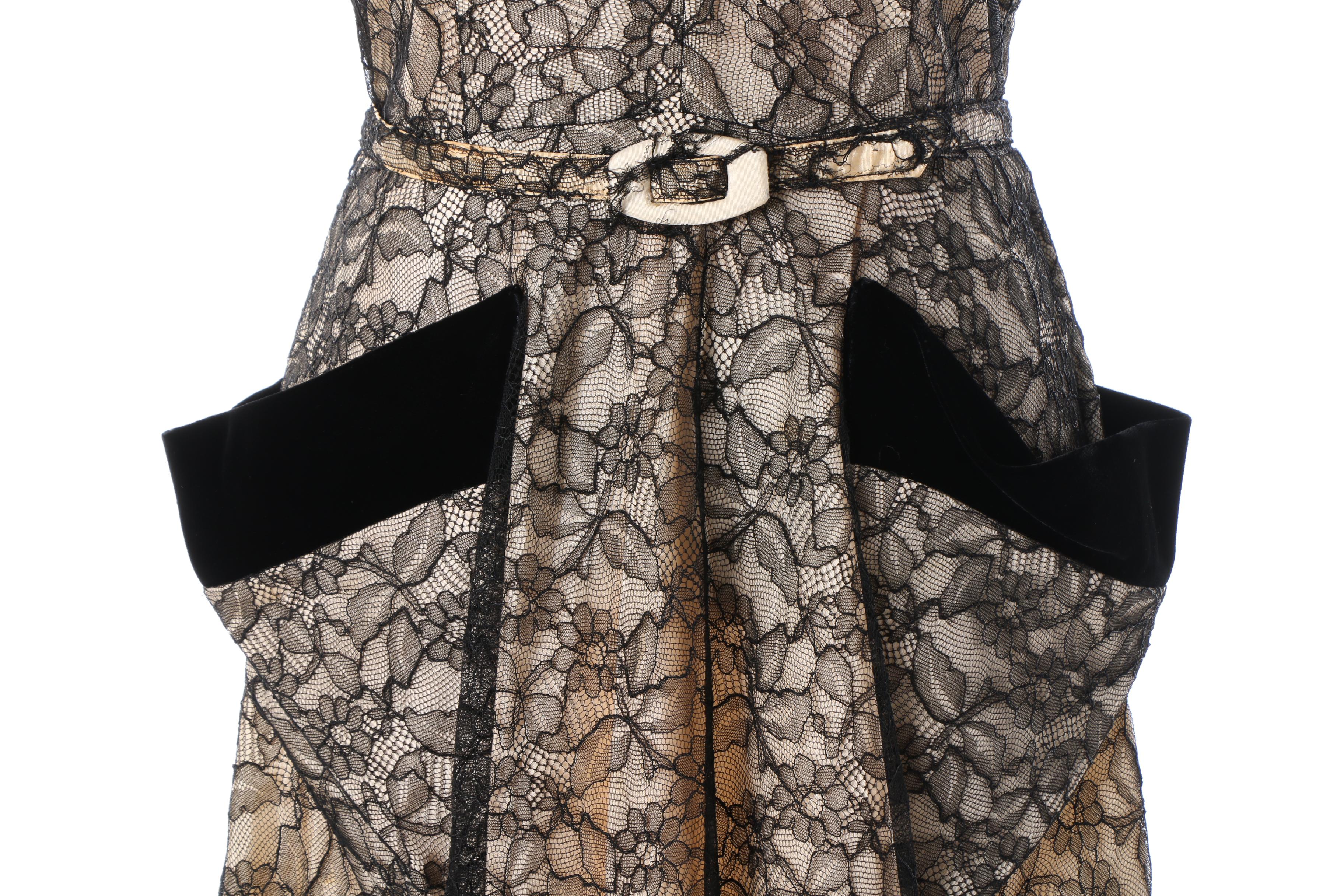 1940s Rendezvous Cream Silk and Black Lace Evening Dress with Velvet Detail
