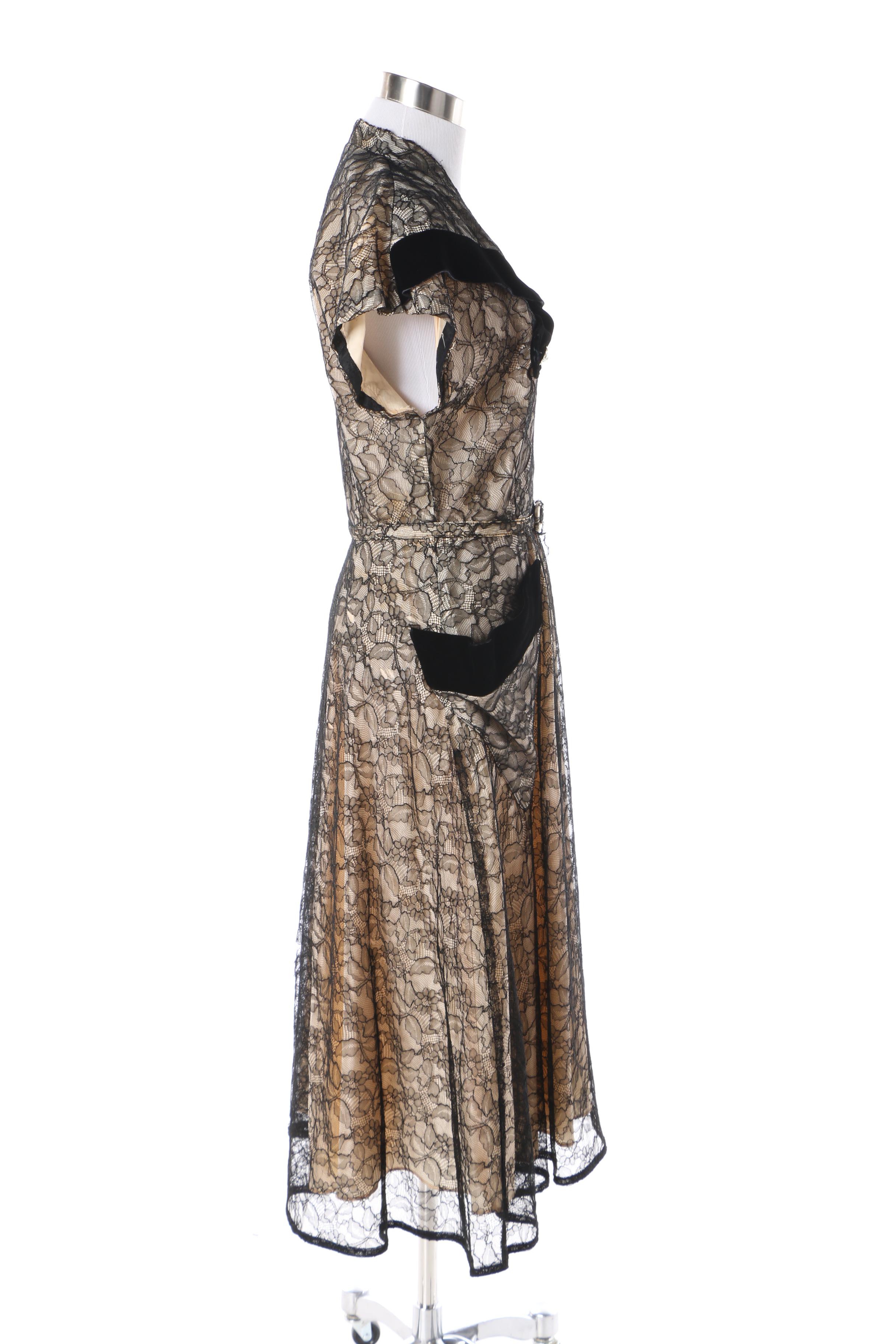 1940s Rendezvous Cream Silk and Black Lace Evening Dress with Velvet Detail