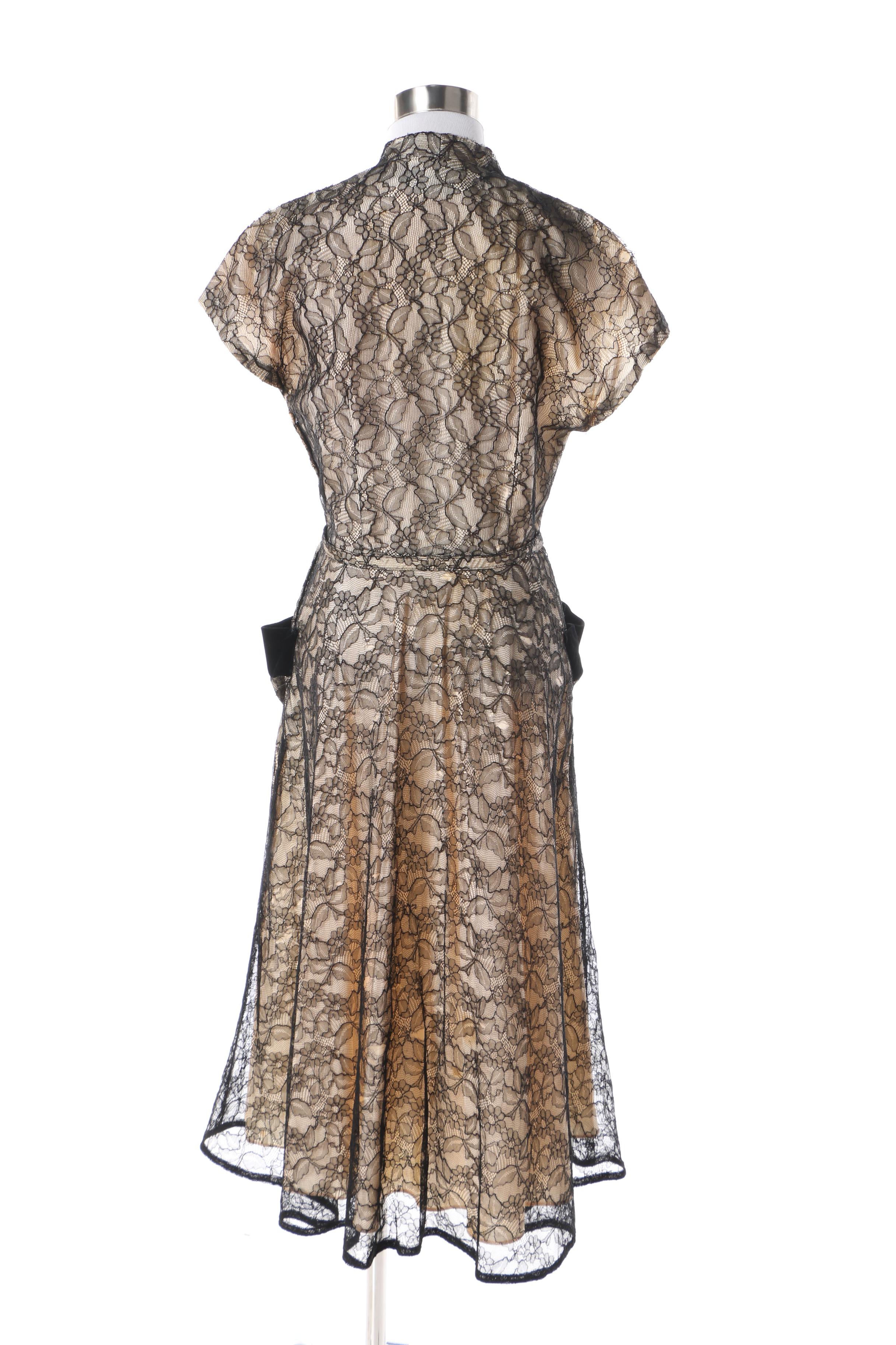 1940s Rendezvous Cream Silk and Black Lace Evening Dress with Velvet Detail