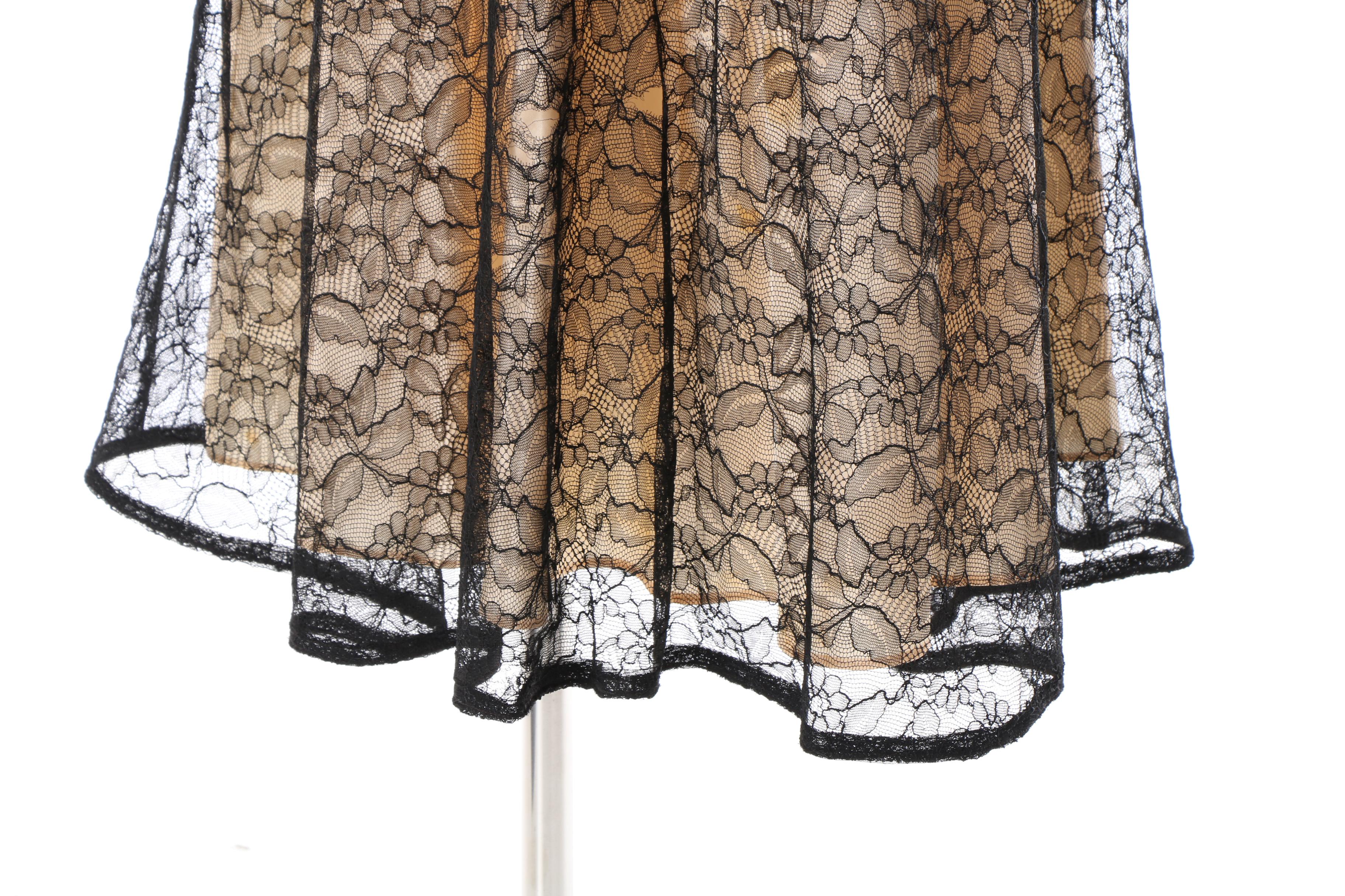 1940s Rendezvous Cream Silk and Black Lace Evening Dress with Velvet Detail