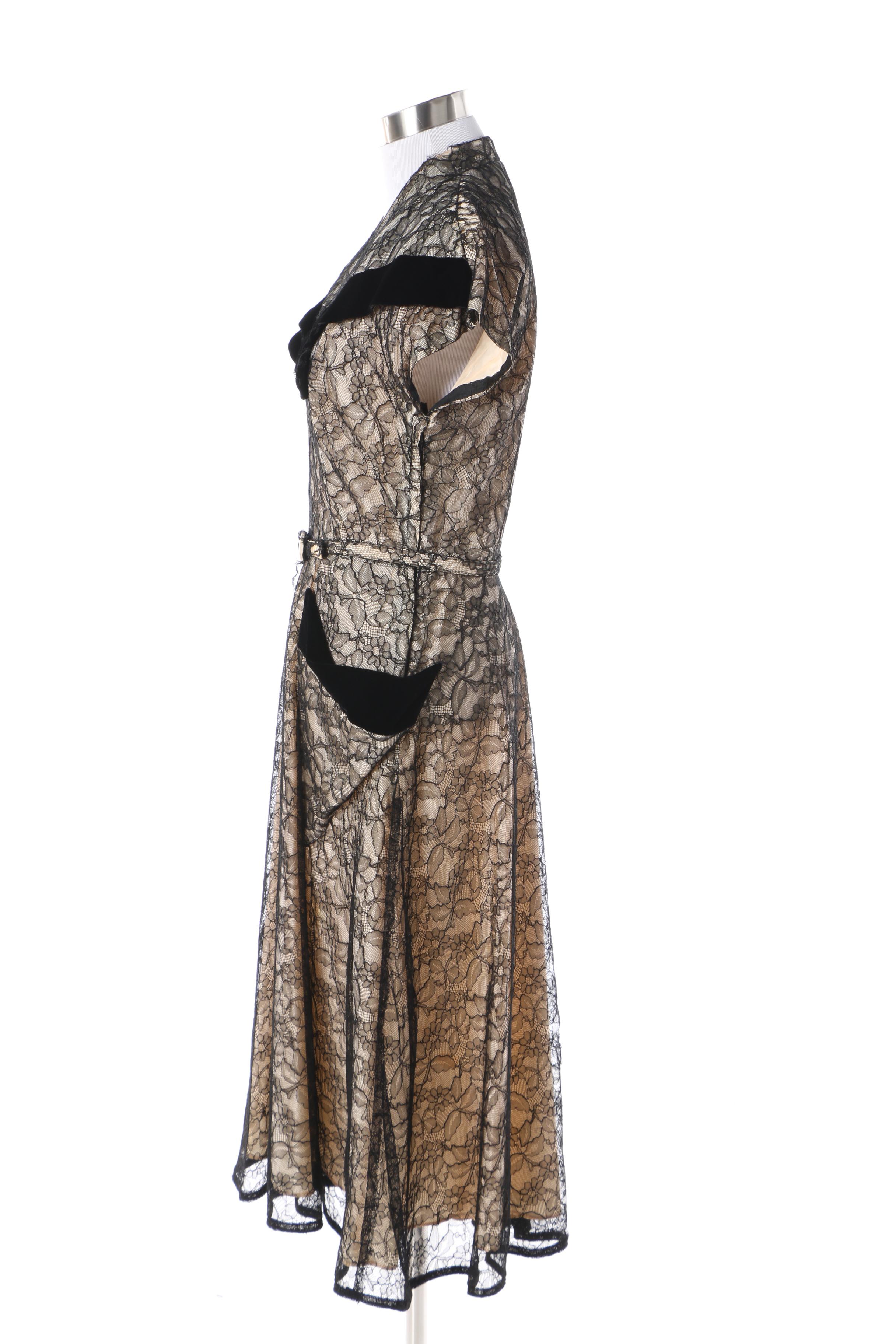 1940s Rendezvous Cream Silk and Black Lace Evening Dress with Velvet Detail