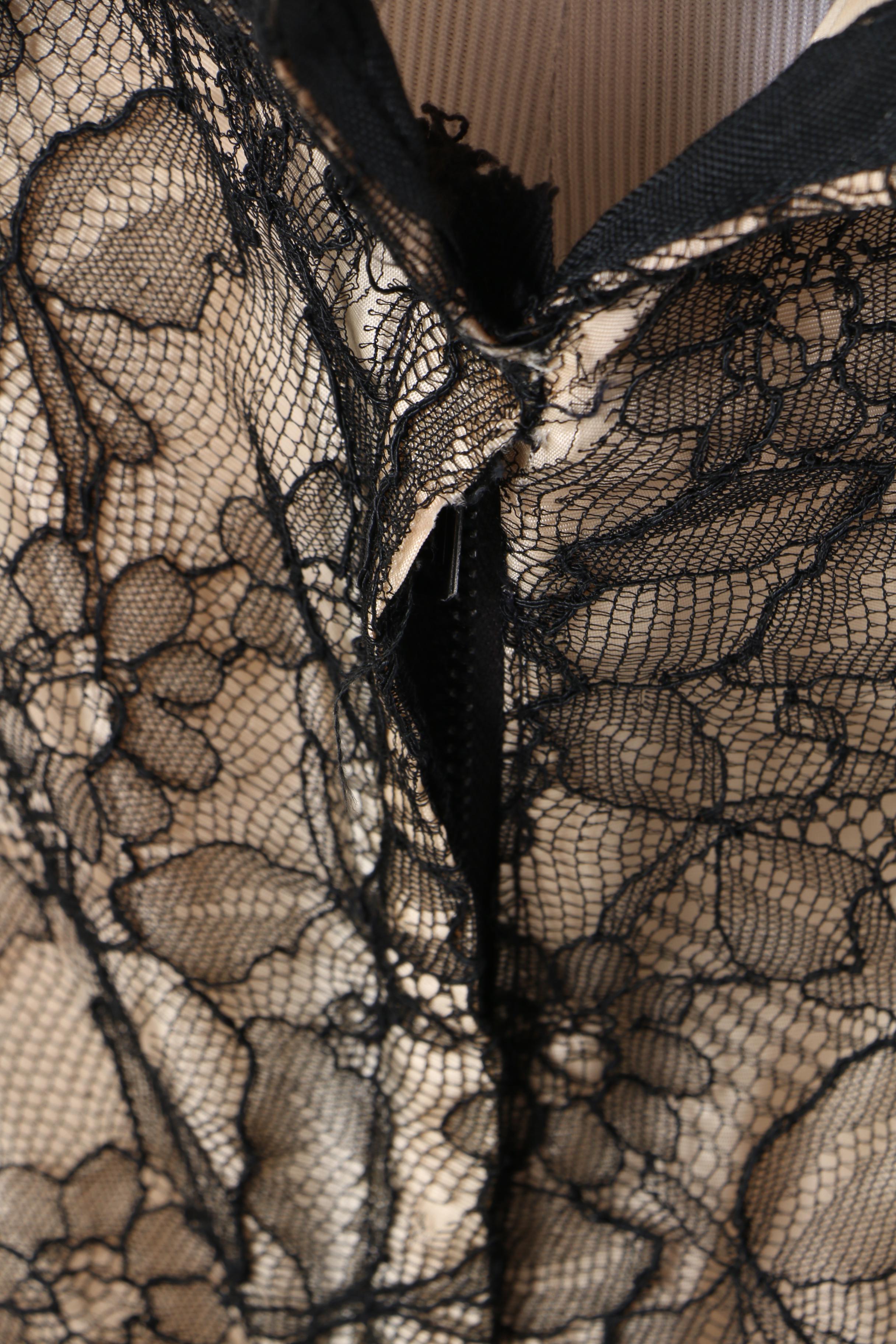 1940s Rendezvous Cream Silk and Black Lace Evening Dress with Velvet Detail