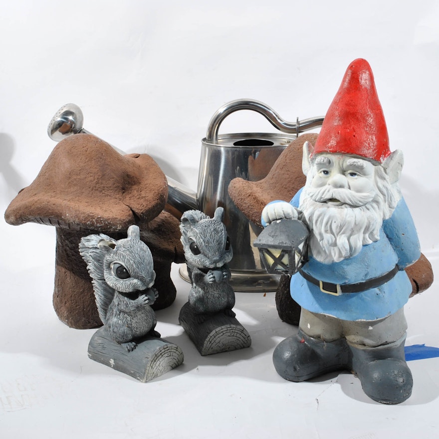 Garden Decor including Gnome, Mushrooms and Squirrels w/ Metal Watering Can