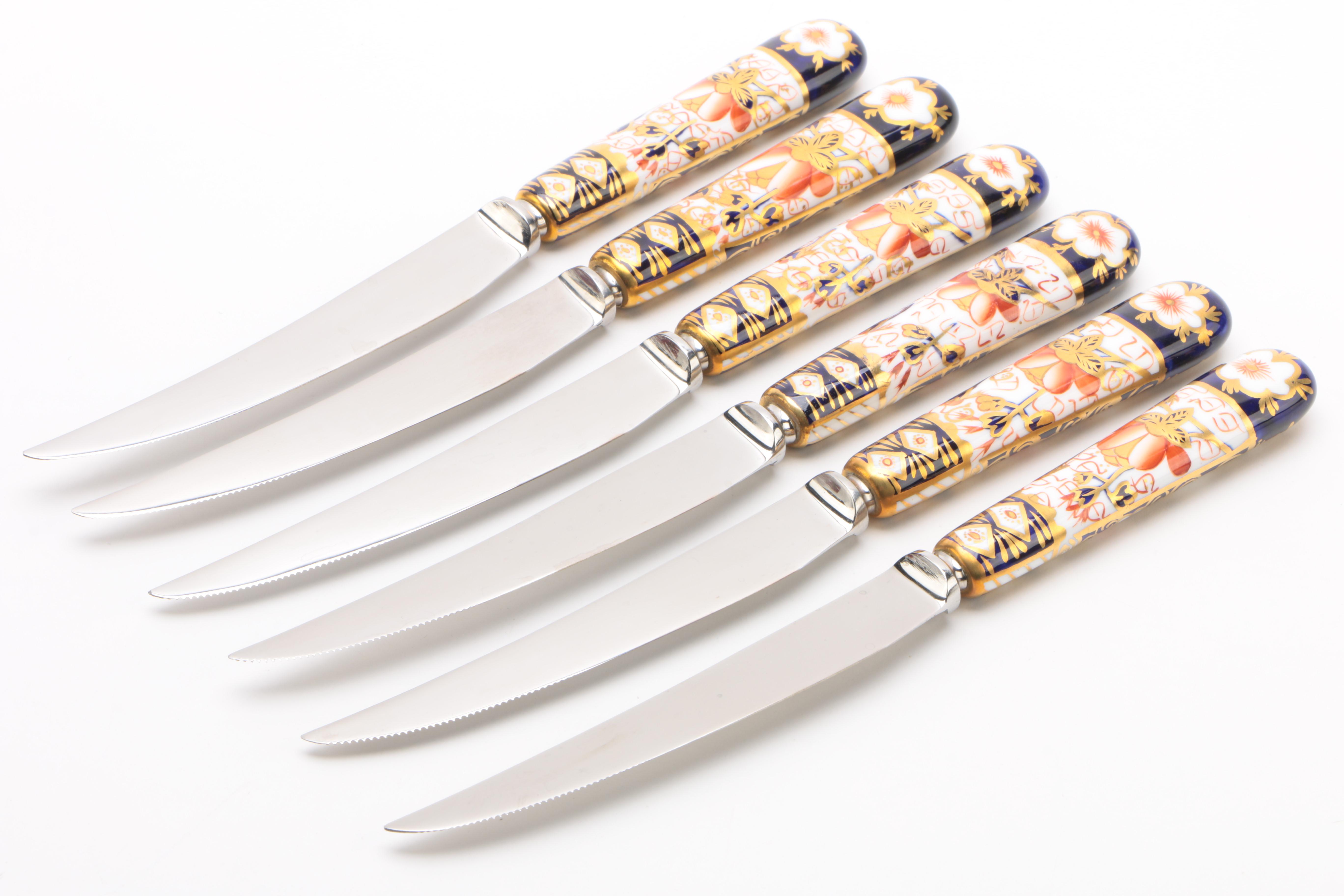 Vintage Royal Crown Derby "Old Imari" Fruit Knives and Trinket Box