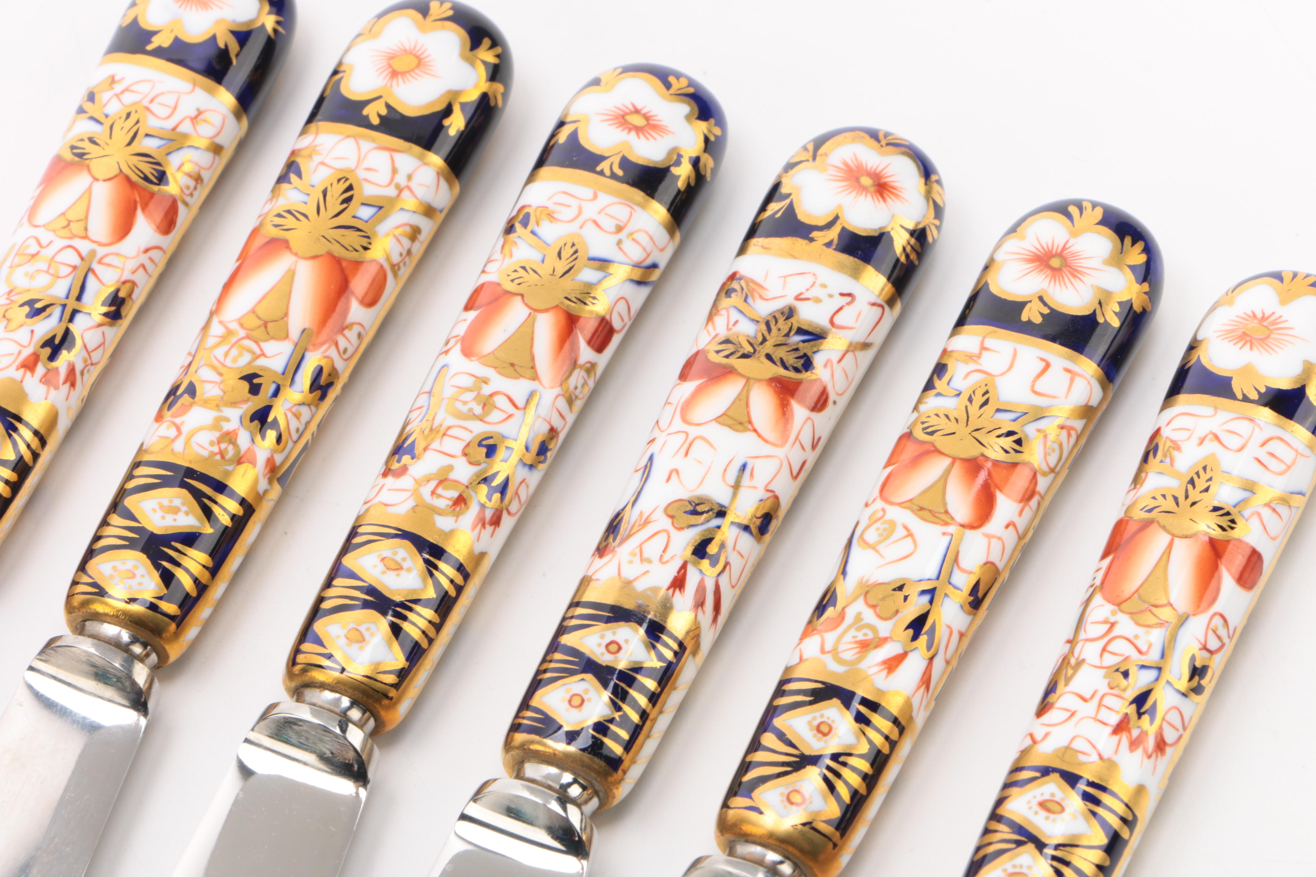 Vintage Royal Crown Derby "Old Imari" Fruit Knives and Trinket Box