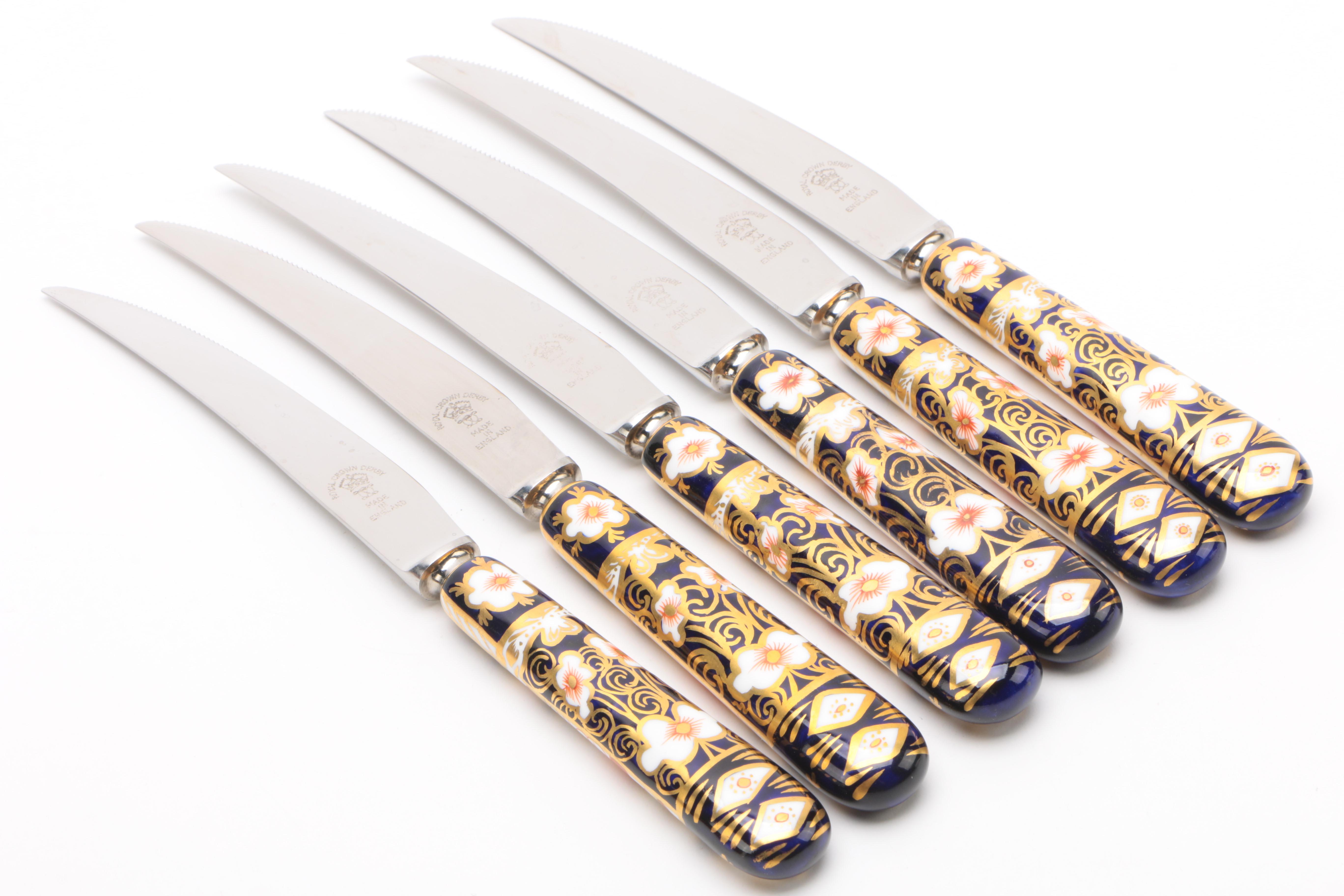 Vintage Royal Crown Derby "Old Imari" Fruit Knives and Trinket Box