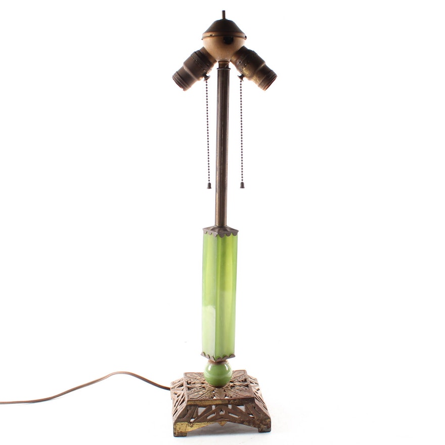 Vintage Brass and Jadeite Glass Table Lamp