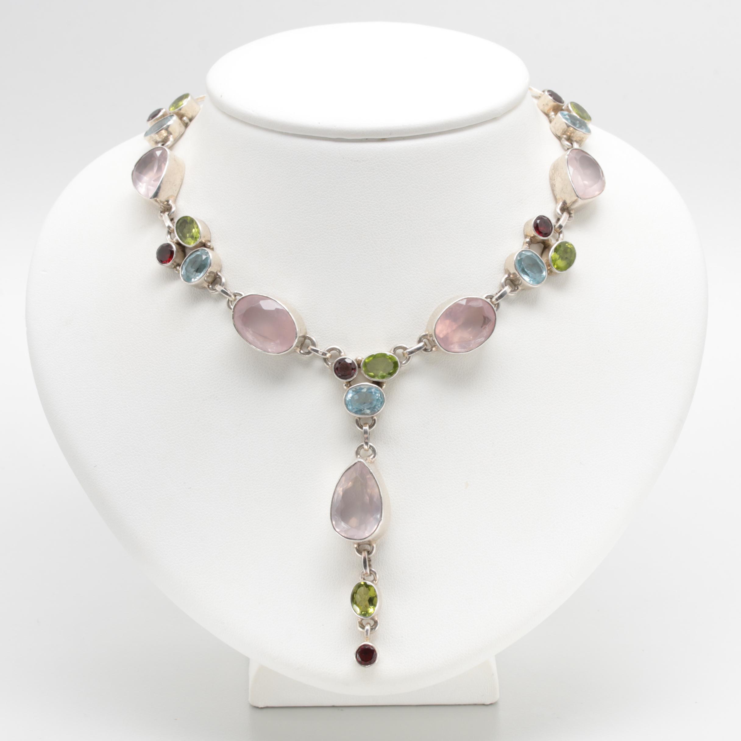 Sterling Silver Rose Quartz, Blue Topaz, Peridot, and Garnet Necklace