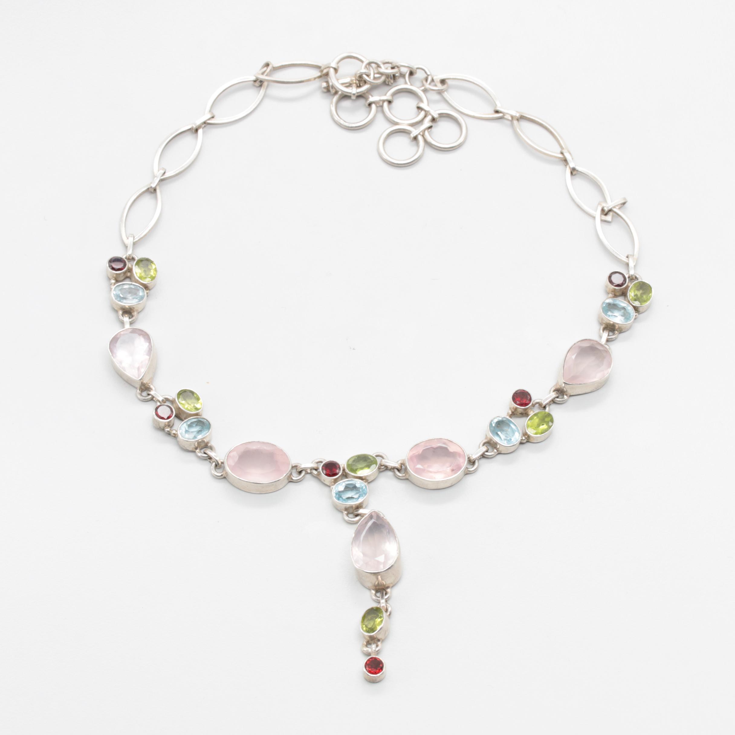 Sterling Silver Rose Quartz, Blue Topaz, Peridot, and Garnet Necklace