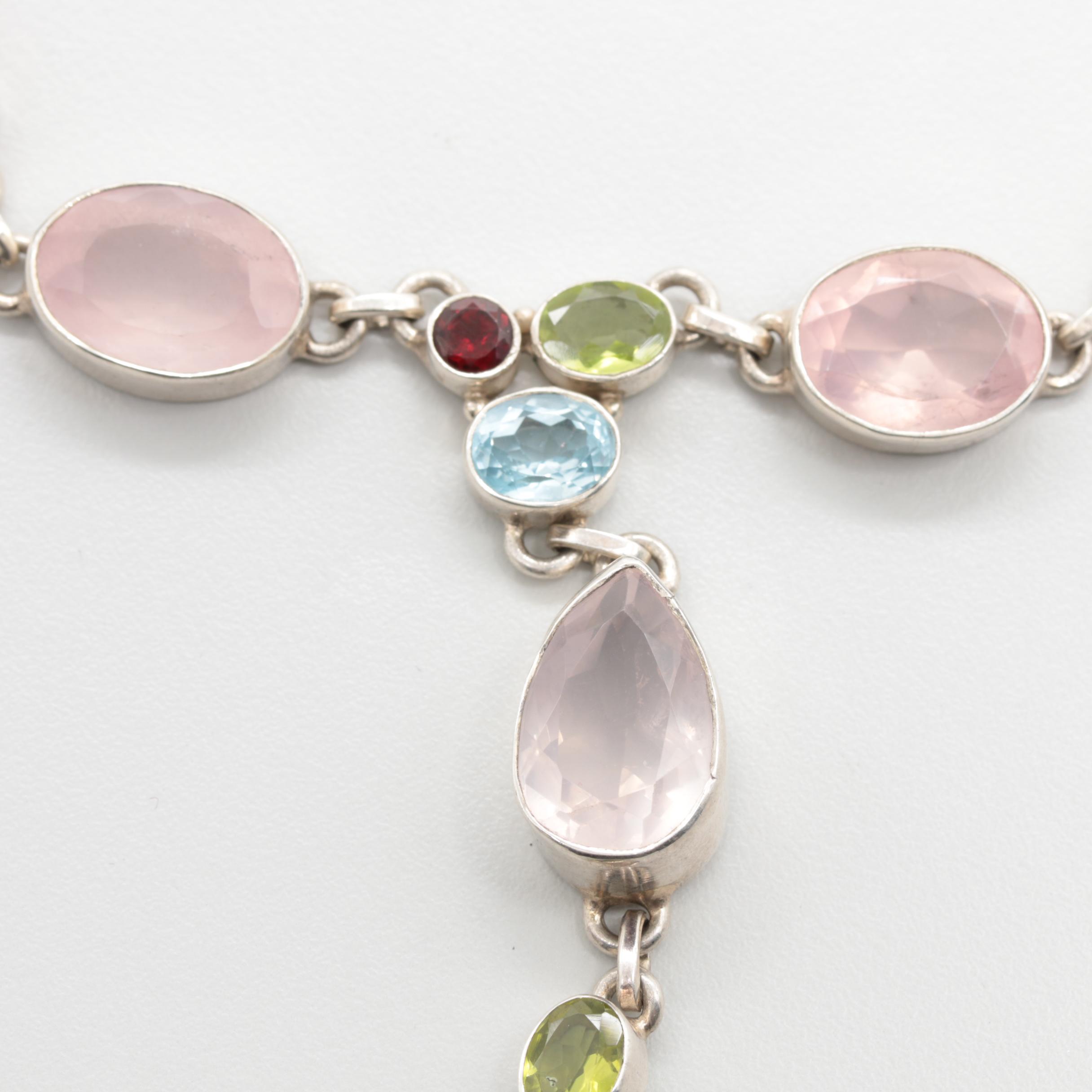 Sterling Silver Rose Quartz, Blue Topaz, Peridot, and Garnet Necklace
