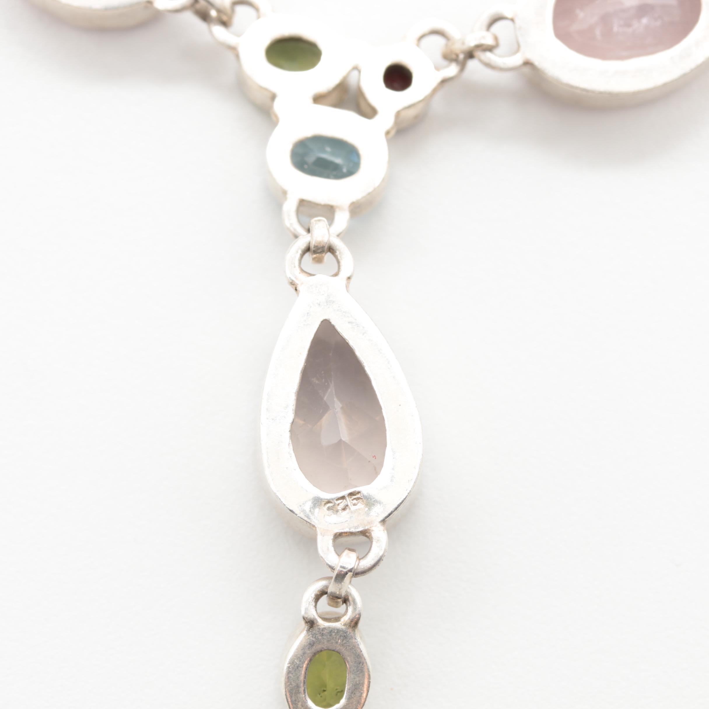 Sterling Silver Rose Quartz, Blue Topaz, Peridot, and Garnet Necklace