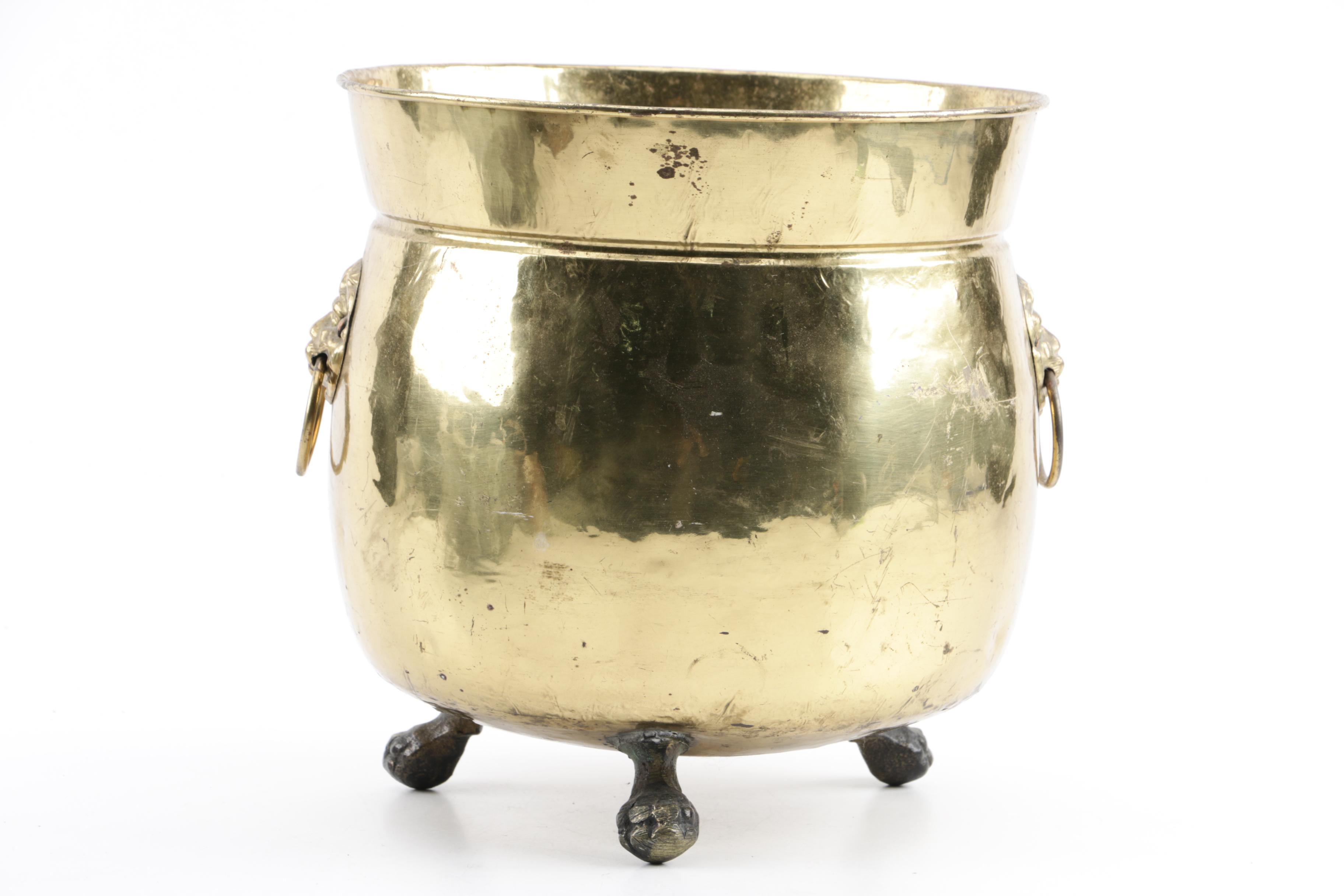 Vintage Craftsman English Brass Planter with Antique Metal Coal Hod