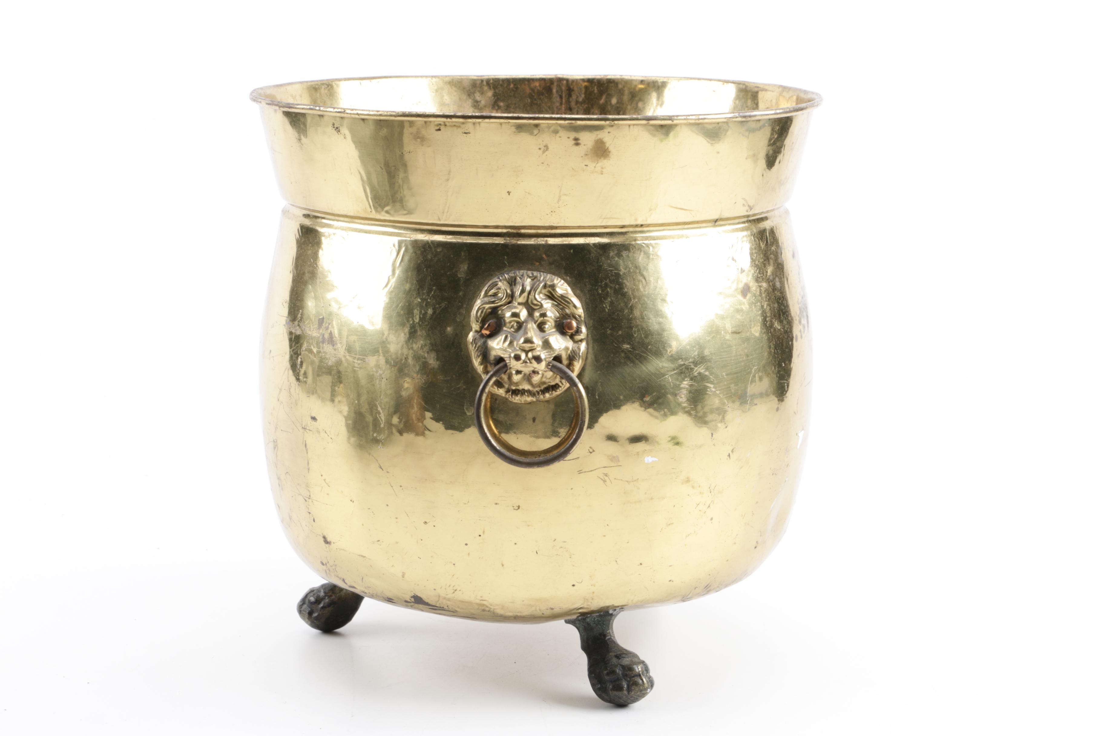 Vintage Craftsman English Brass Planter with Antique Metal Coal Hod