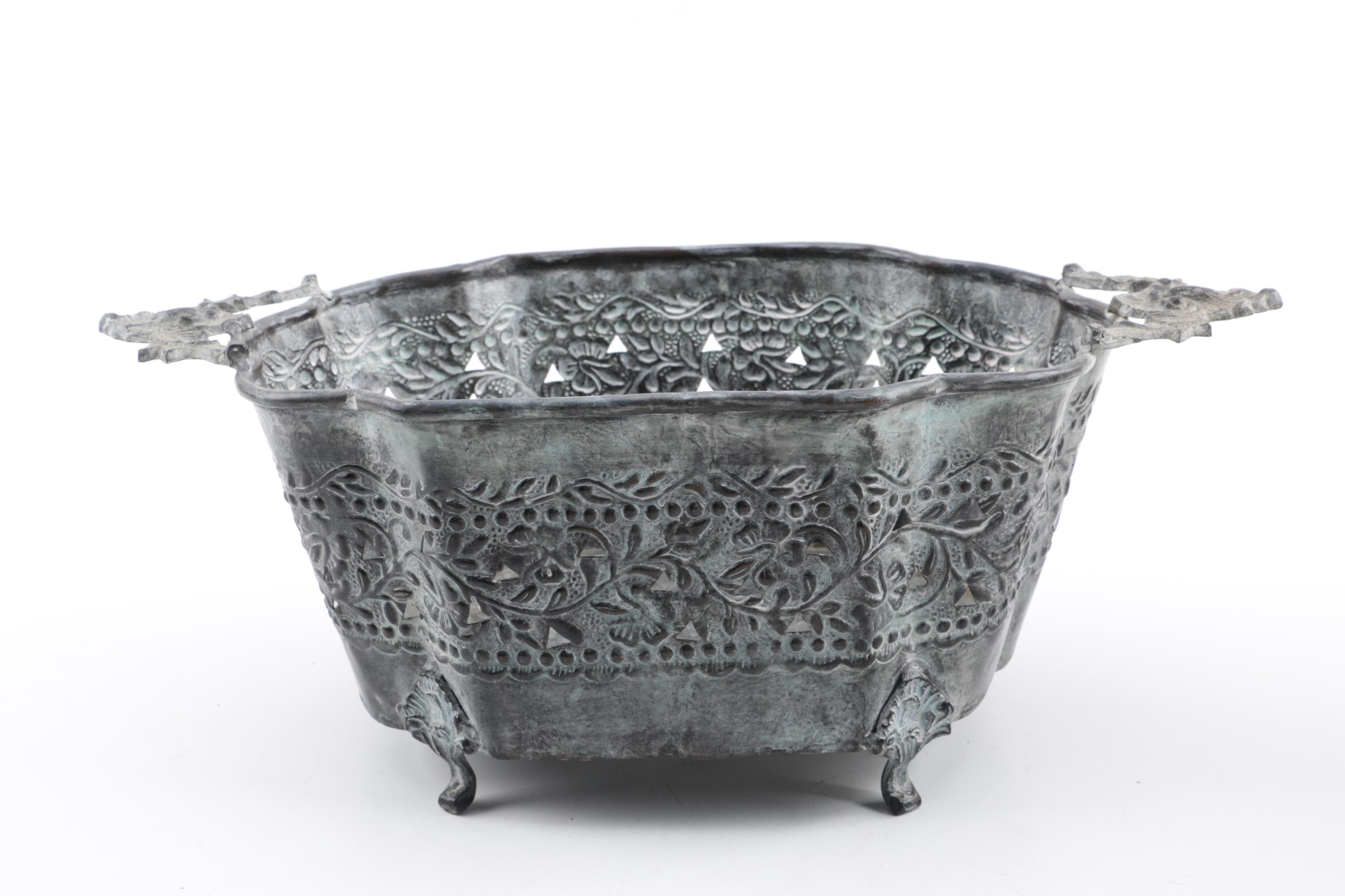 Vintage Craftsman English Brass Planter with Antique Metal Coal Hod