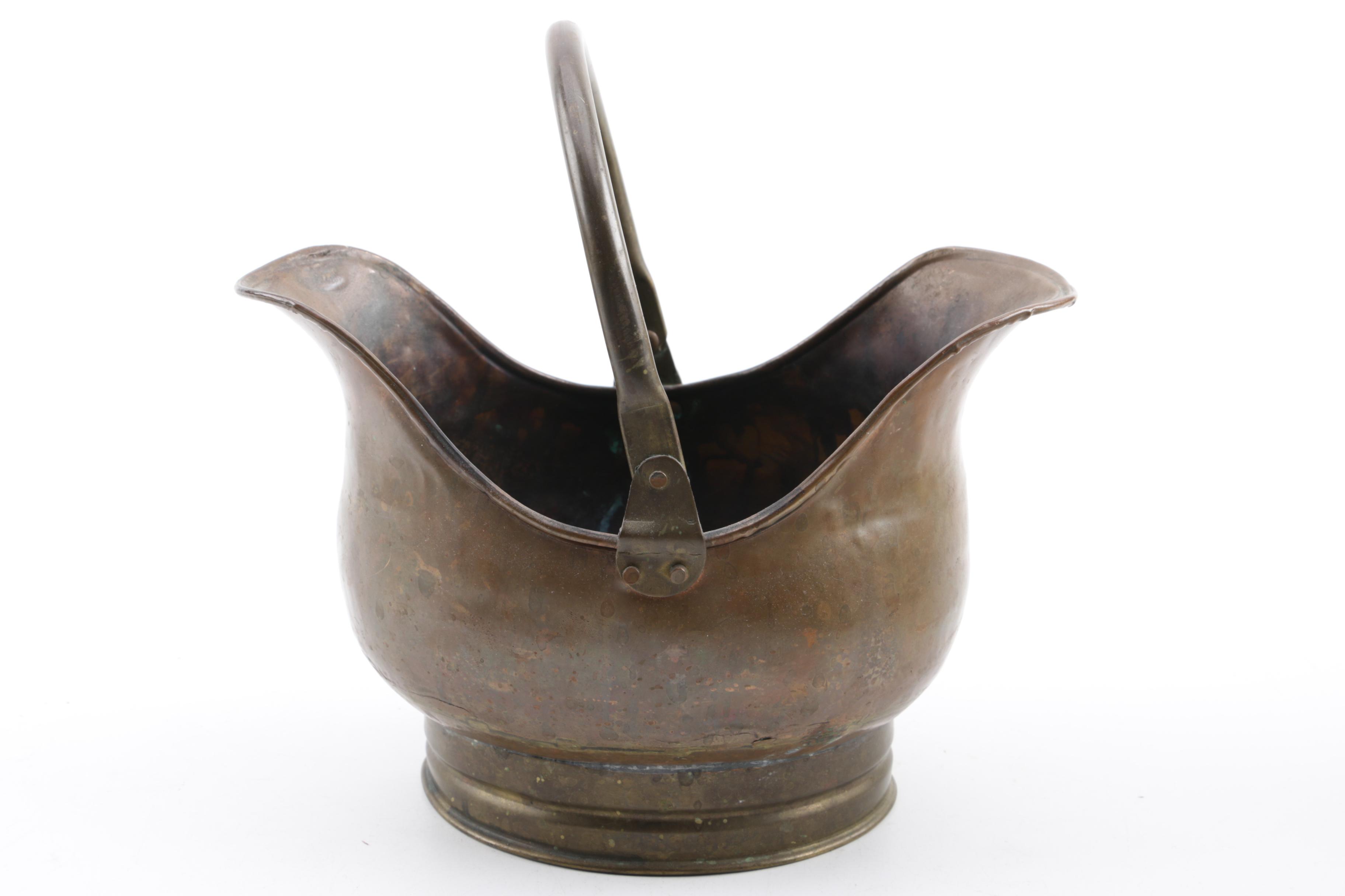 Vintage Craftsman English Brass Planter with Antique Metal Coal Hod