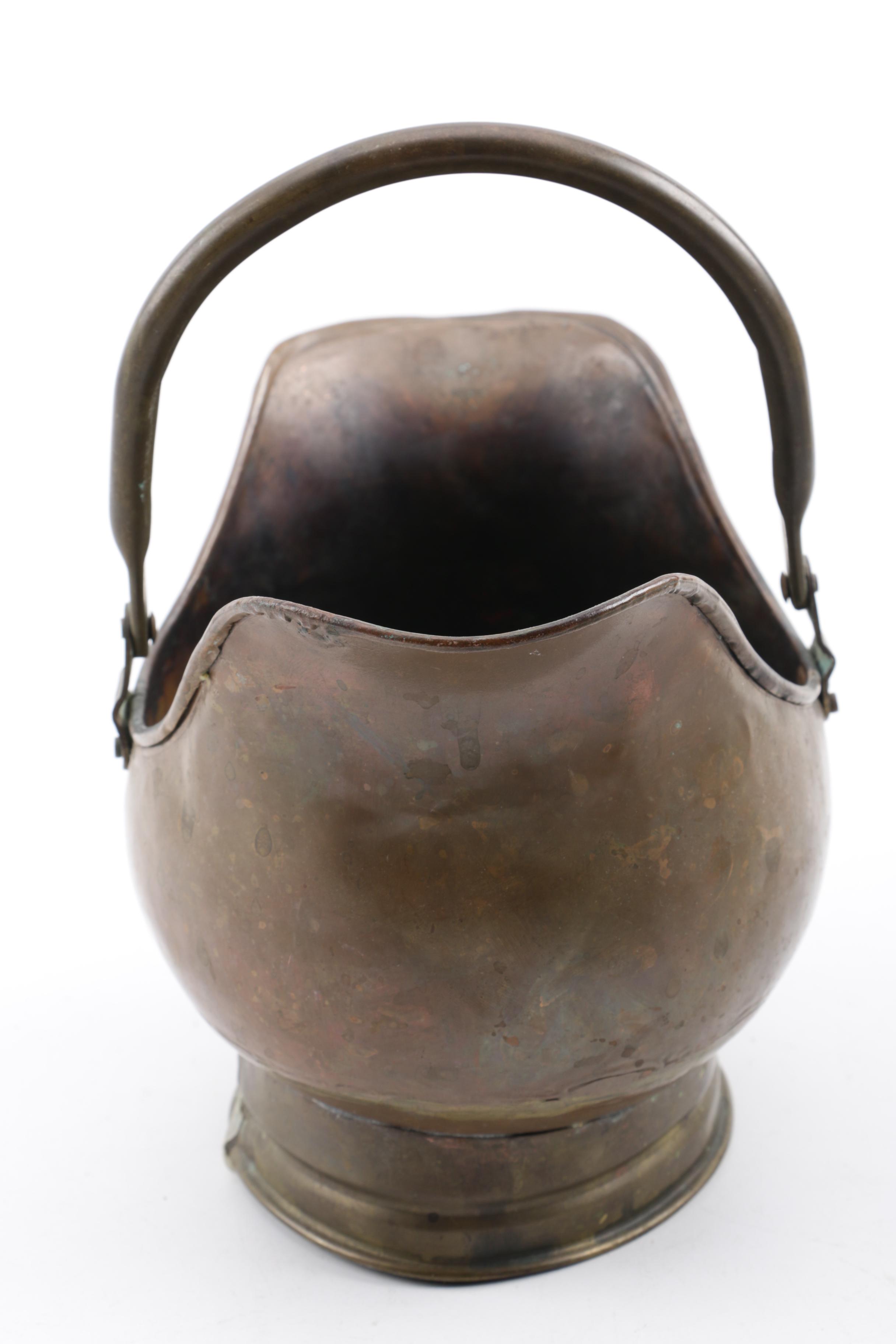 Vintage Craftsman English Brass Planter with Antique Metal Coal Hod