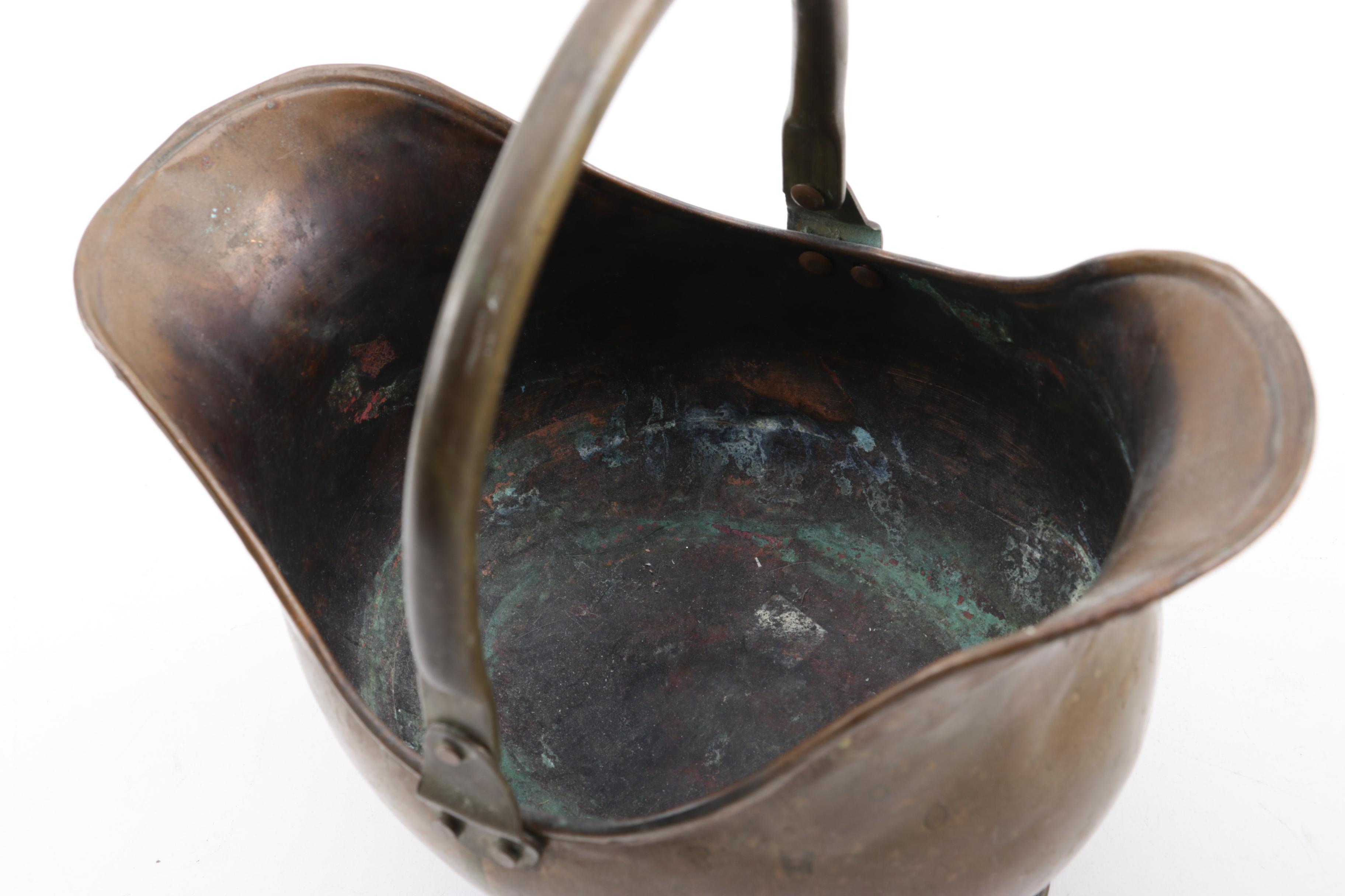 Vintage Craftsman English Brass Planter with Antique Metal Coal Hod