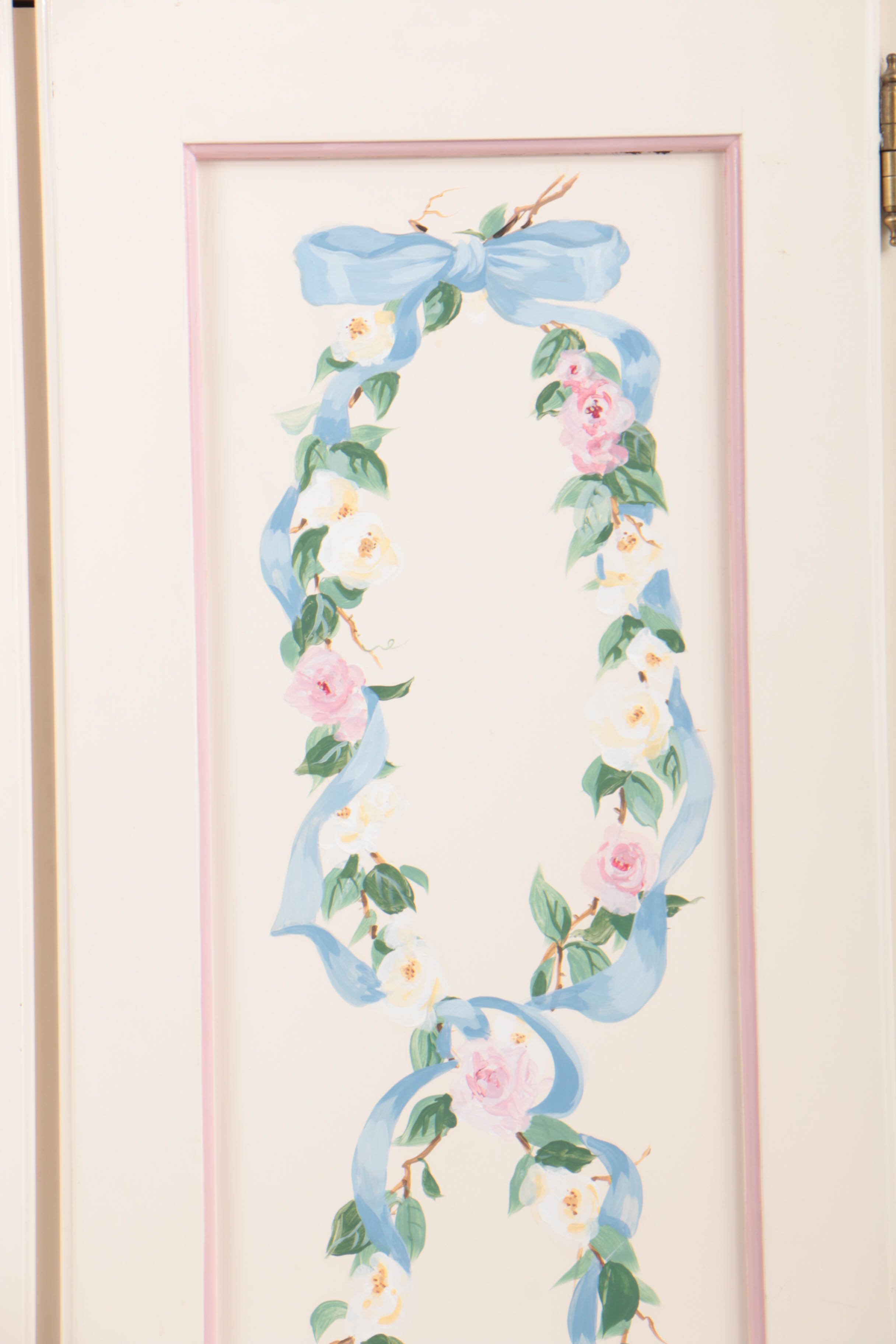 Hand-Painted Pine Wardrobe with Beribboned Floral Garlands, 20th Century